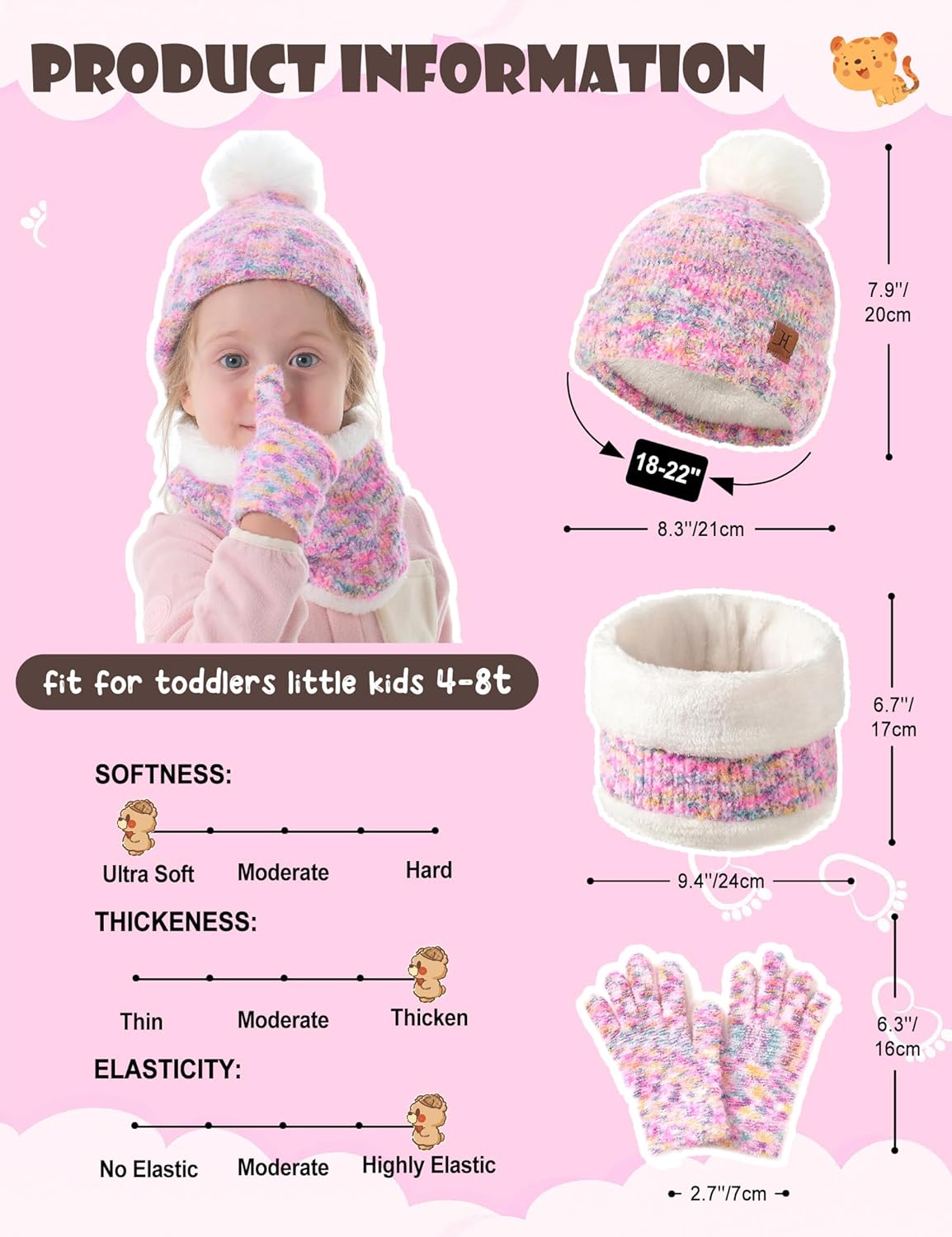 Kids Hat Scarf Gloves Set Girl Ages 3-5 4-6, Toddler Winter Fleece Lined Beanie Hats Mittens 2t Boys Baby 6-12 9 12-18 Months - Image 6
