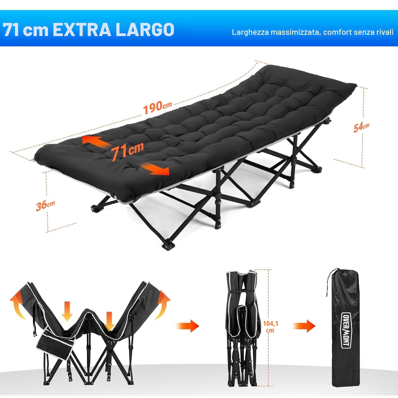 OVERMONT Lettino da Campeggio Brandina Pieghevole - Letto Pieghevole Portatile Singolo con Materasso - XL Caricabile Fino 250 kg - con Tasca Laterale per Esterni Viaggi Spiaggia Giardino Ufficio