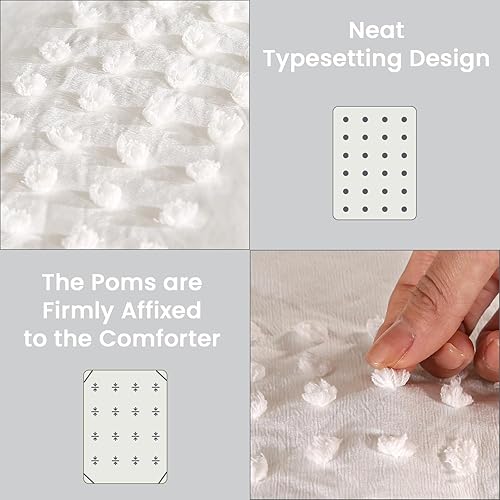 Miniatura 5 de ENJOHOS Juego de ropa de cama de tamaño matrimonial para niñas, color blanco, edredón bohemio de 3 piezas con puntos copetudos, edredón de ropa de