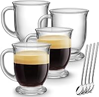 Mfacoy 15oz Clear Glass Coffee Mugs Set of 4 with Handles & Spoons - Microwave Safe for Tea, Latte, Cappuccino