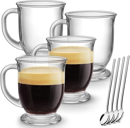 Mfacoy Juego de 4 tazas de café de vidrio, taza de café grande transparente de 15 onzas con asas para bebidas calientes, tazas transparentes para