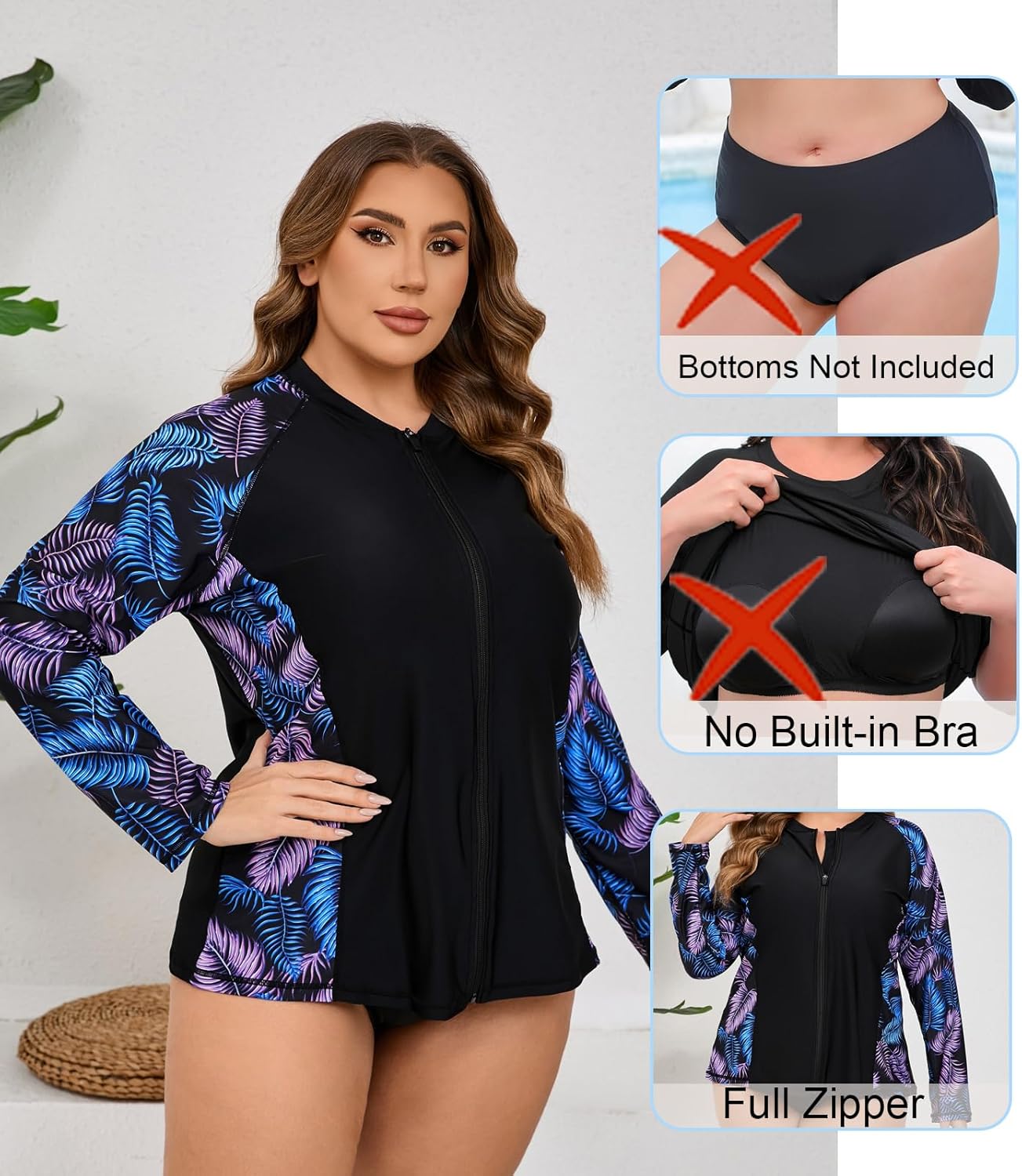 Halcurt Women's Plus Size Rash Guard Long Sleeve Swim Shirts Full Zip Swimsuit Top UPF50+ Loose Fit Bathing Suit - Image 5