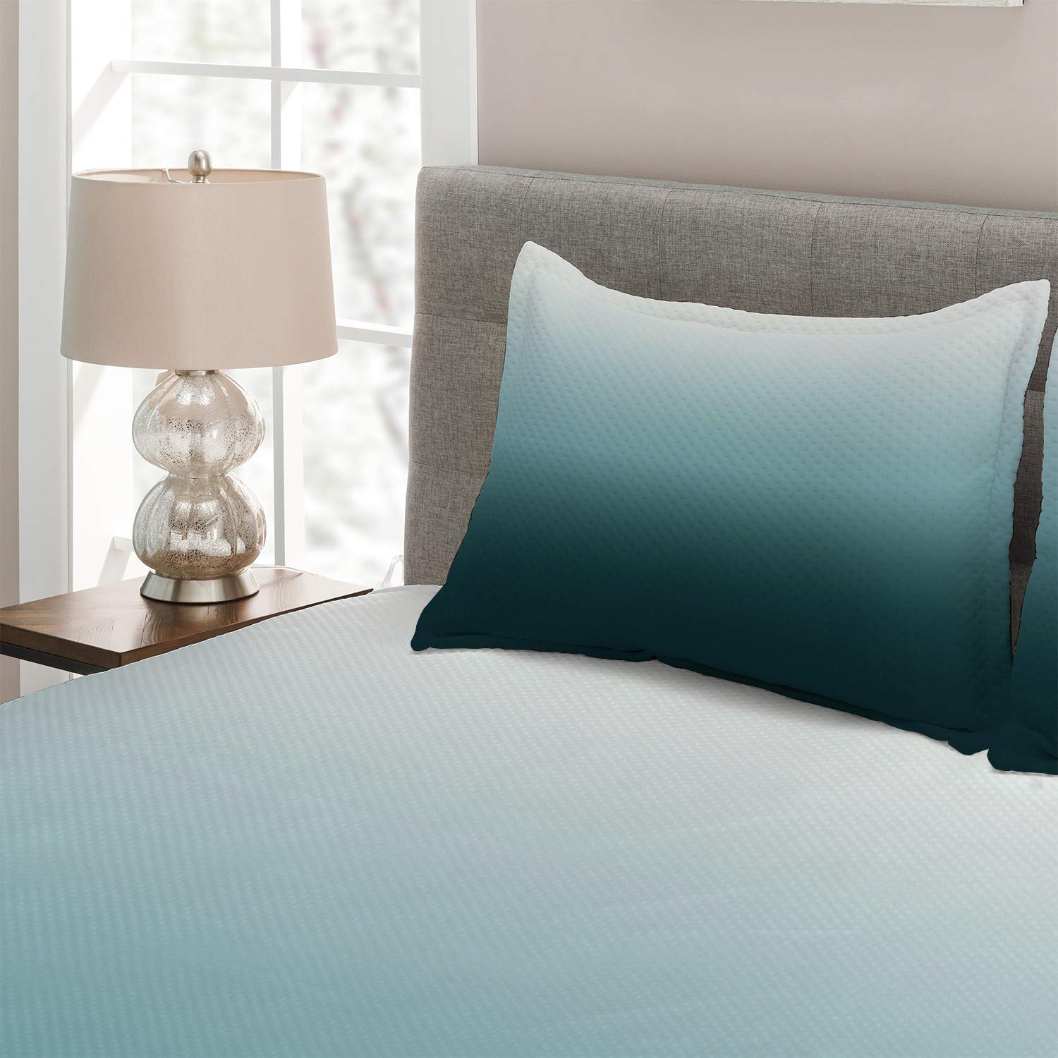 Ambesonne Ombre Coverlet, Vertical Change Themed Illustration with Teal Shades Darkening Design, 3 Piece Decorative Quilted Bedspread Set with 2 Pillow Shams, Queen Size, Teal Pale Blue and White