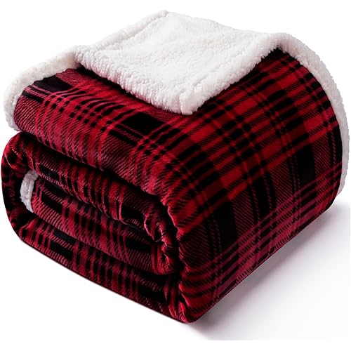 Touchat Sherpa Plaid Throw Blanket(60" X 70", Plaid Red), Fuzzy Fluffy Cozy Soft Blanket, Fleece Flannel Plush Twin Size Microfiber Blanket for Couch Bed Sofa