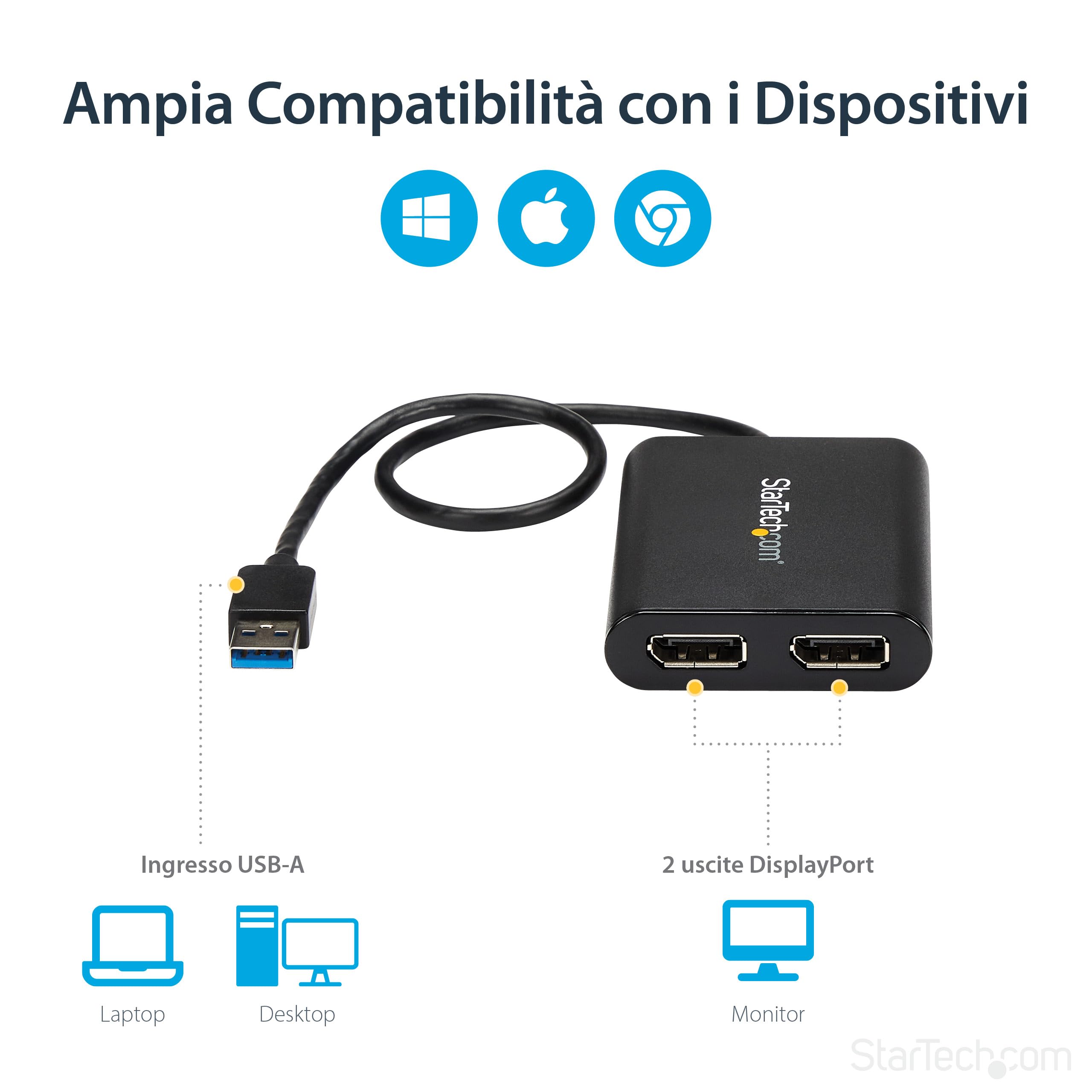 StarTech Adattatore USB 3.0 a Doppia DisplayPort, 4K 60Hz (USB32DP24K60) | 5Gbps, Convertitore Dual DisplayPort, Mac e Windows