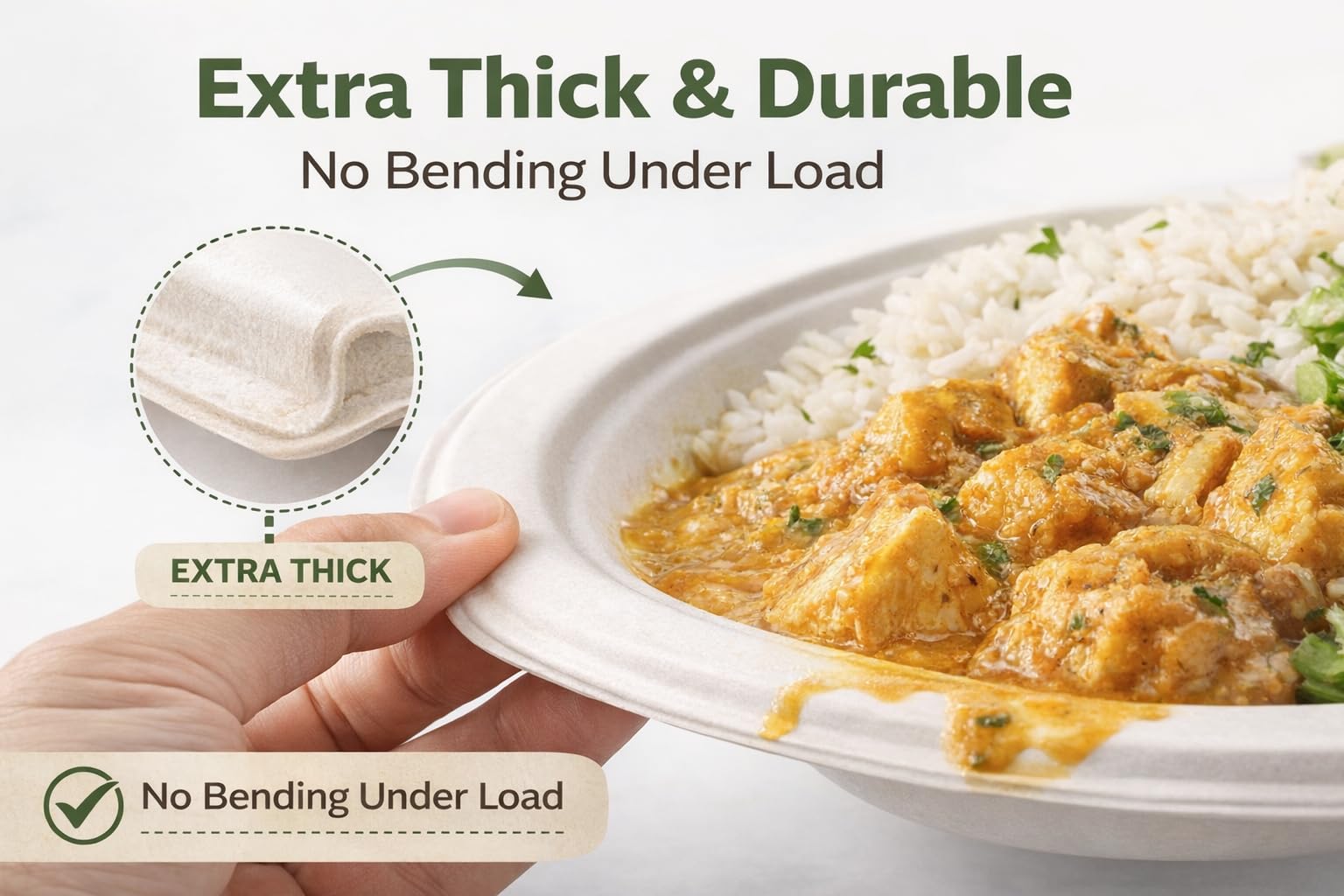 Platos compostables redondos de 25,4 cm, 150 unidades, 3 veces más fuerte*, aptos para microondas y congelador, a prueba de remojo, biodegradables y desechables