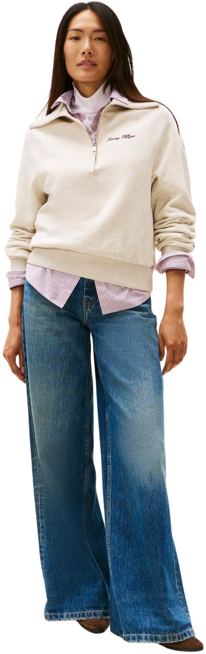 Tommy Hilfiger Donna Felpa con Cerniera Classic Script Fleece Mezza Zip