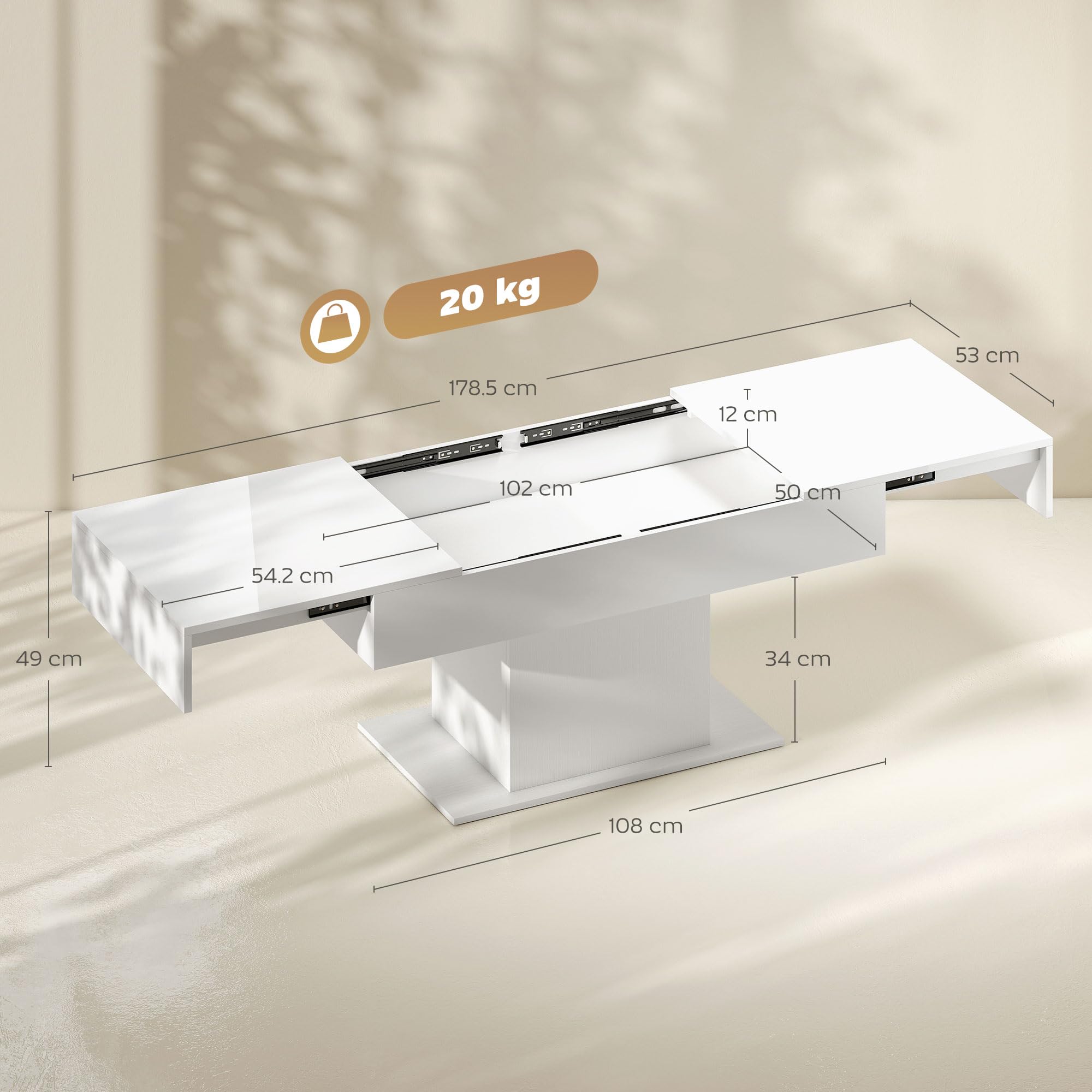 HOMCOM Tavolino da Caffè Estensibile con Vano Contenitore, Tavolino Salotto Allungabile Moderno con Piedini Antiscivolo, Tavolo Soggiorno per Casa Ufficio, 108-178.5x53x49 cm, Bianco Lucido