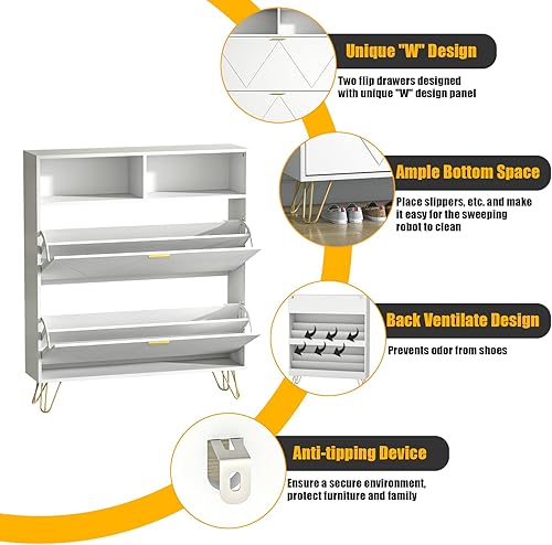 Miniatura 6 de JOZZBY Zapatero grande para entrada, armario de almacenamiento estrecho de 46 pulgadas con 2 cajones abatibles y estantes abiertos, organizador de