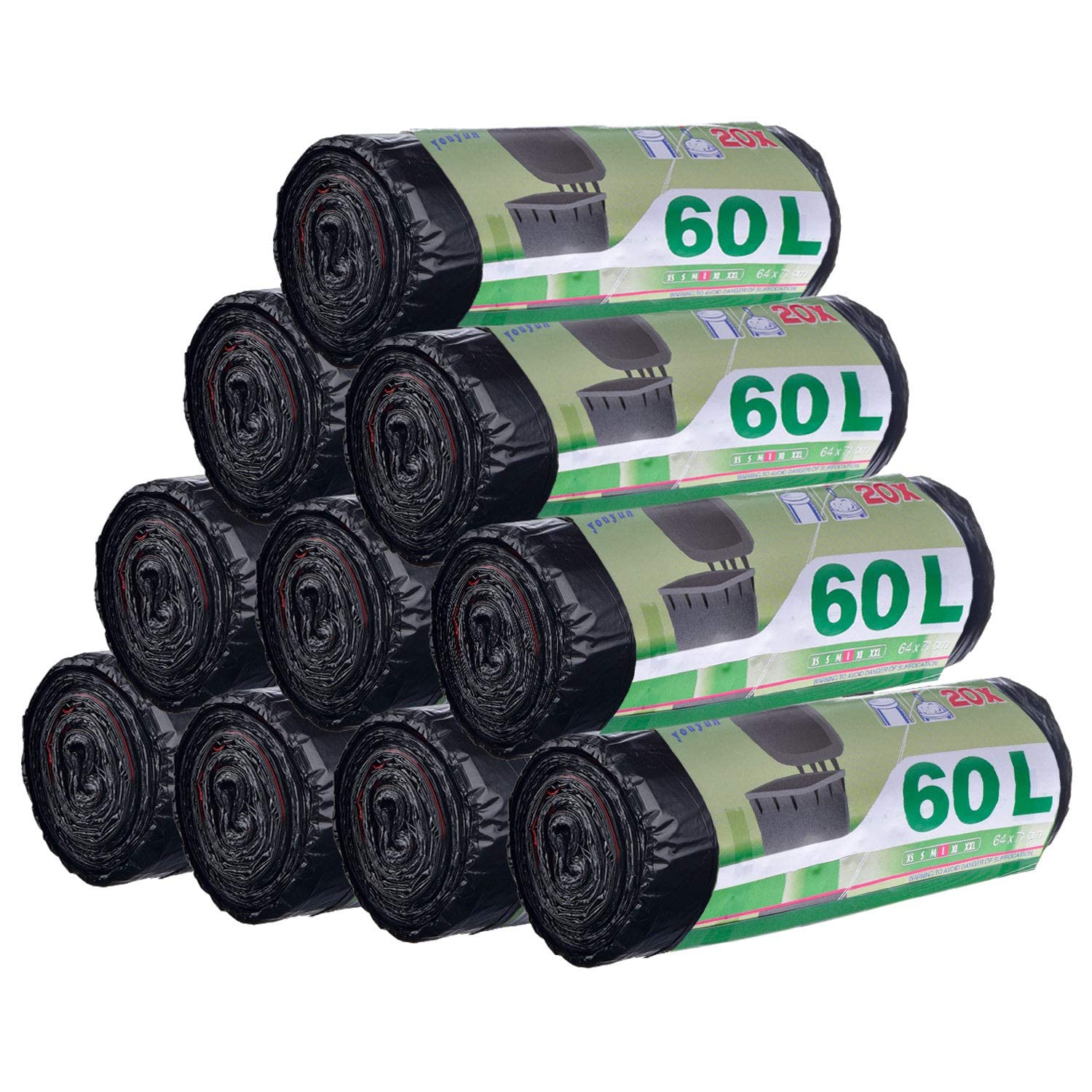 ASelected 200 pièces 50L-60L Sacs Poubelle Anti-Fuite Ultra Résistant Poignées Lien Coulissants Lot de 10 rouleaux Taille Large 71 x 64 cm Noir