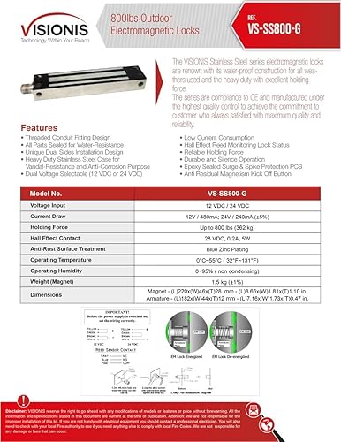 Visionis FPC-7328 SS800-G Cerradura electromagnética al aire libre 800lbs con LED delgado resistente a la intemperie Botón de salida NO, NC, COM