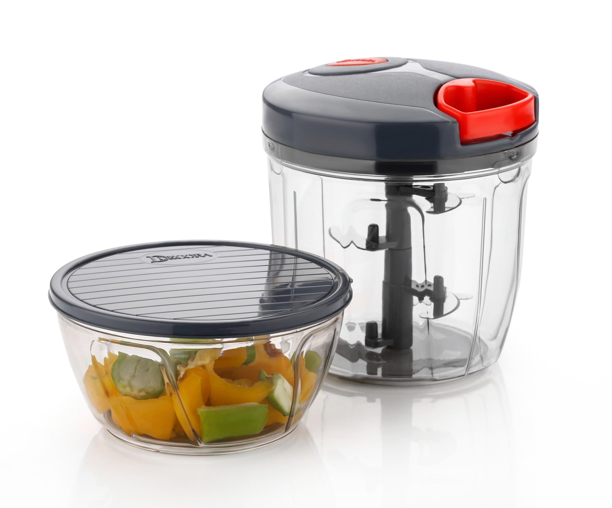 ddecora manual food chopper with storage bowl and stainless steel blade | pull-cord mechanism, includes storage bowl, clear container, vegetable & fruit use, detachable blade