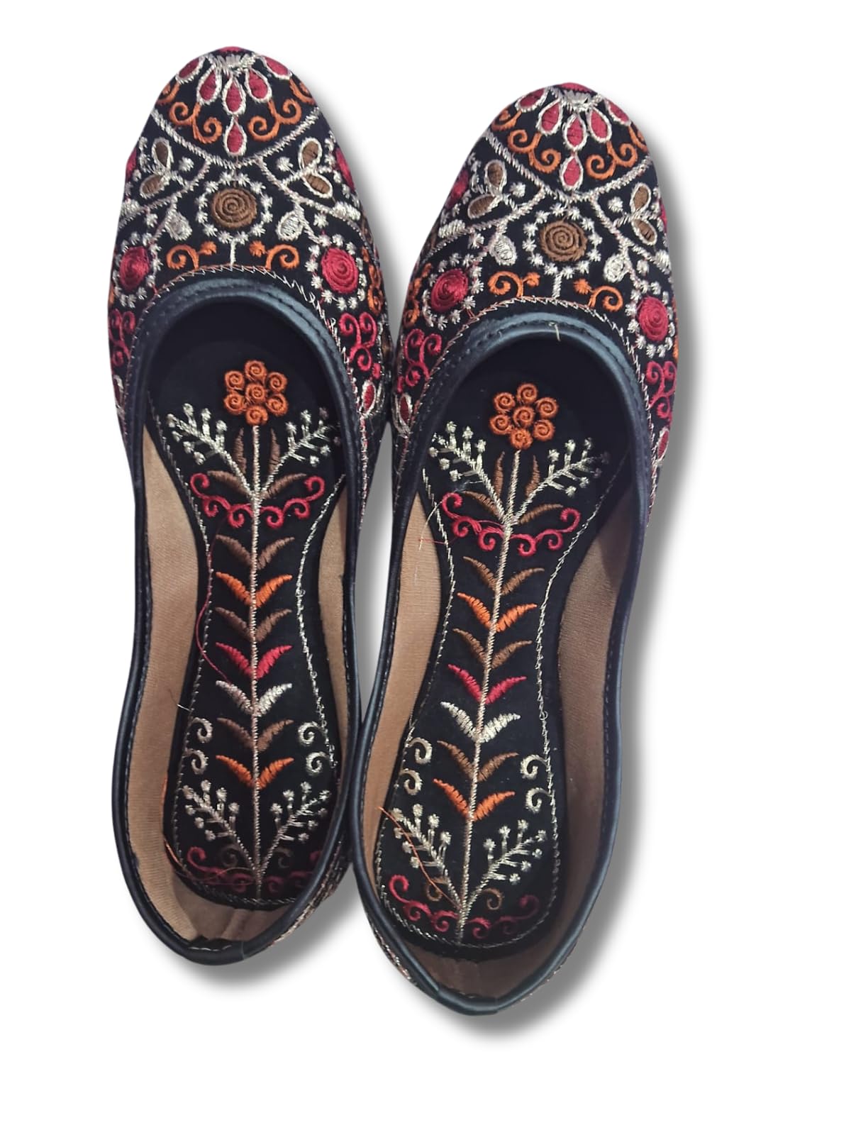 Women's Embroidered Floral Jutti Flats, Traditional Indian Ballet Shoes, Black with Multicolour Design-image-1