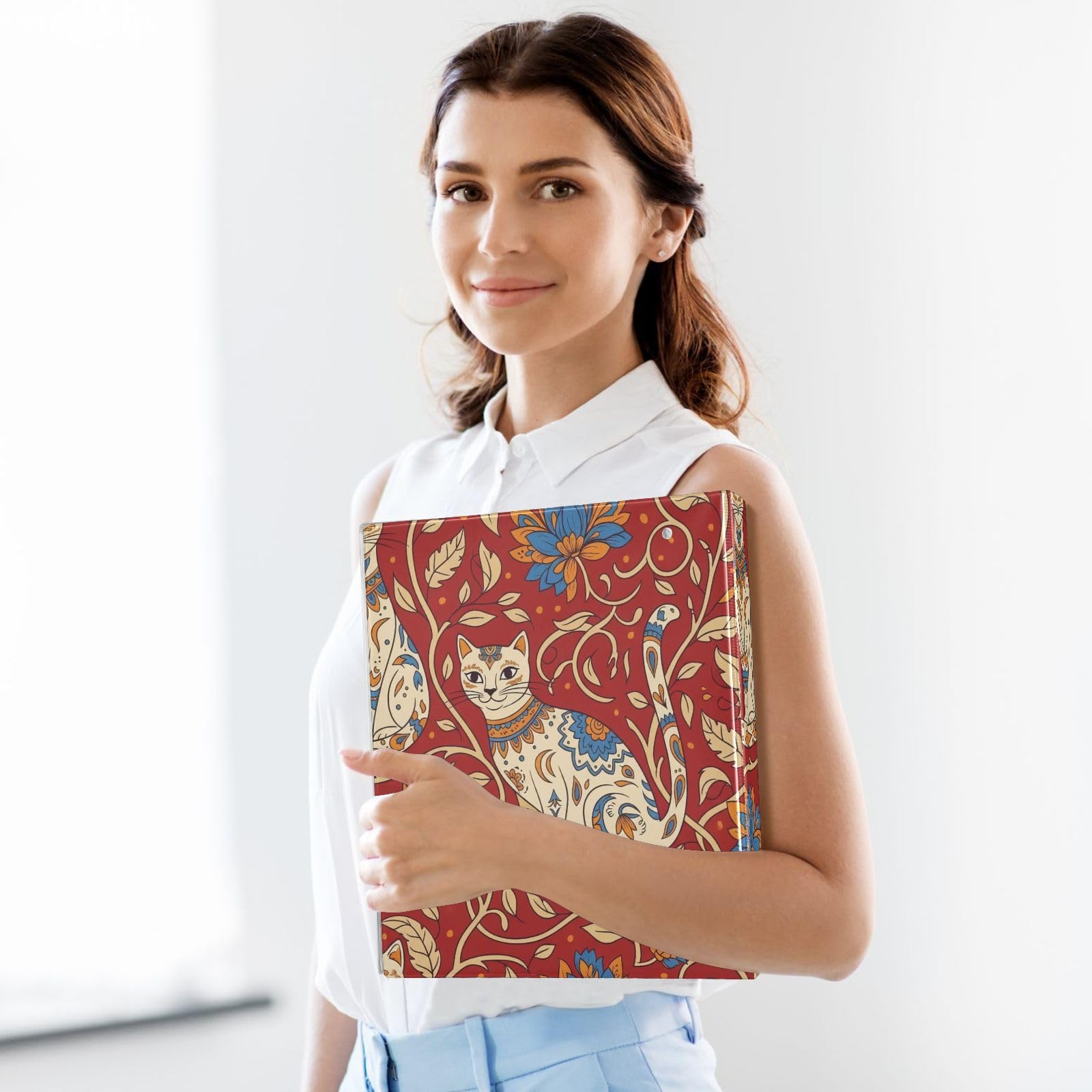 Carpeta de 3 anillos color rojo crema gatos, carpeta de anillos en D, paquete de 2 | Con portapapeles y bolsillos, para escuela, universidad, oficina