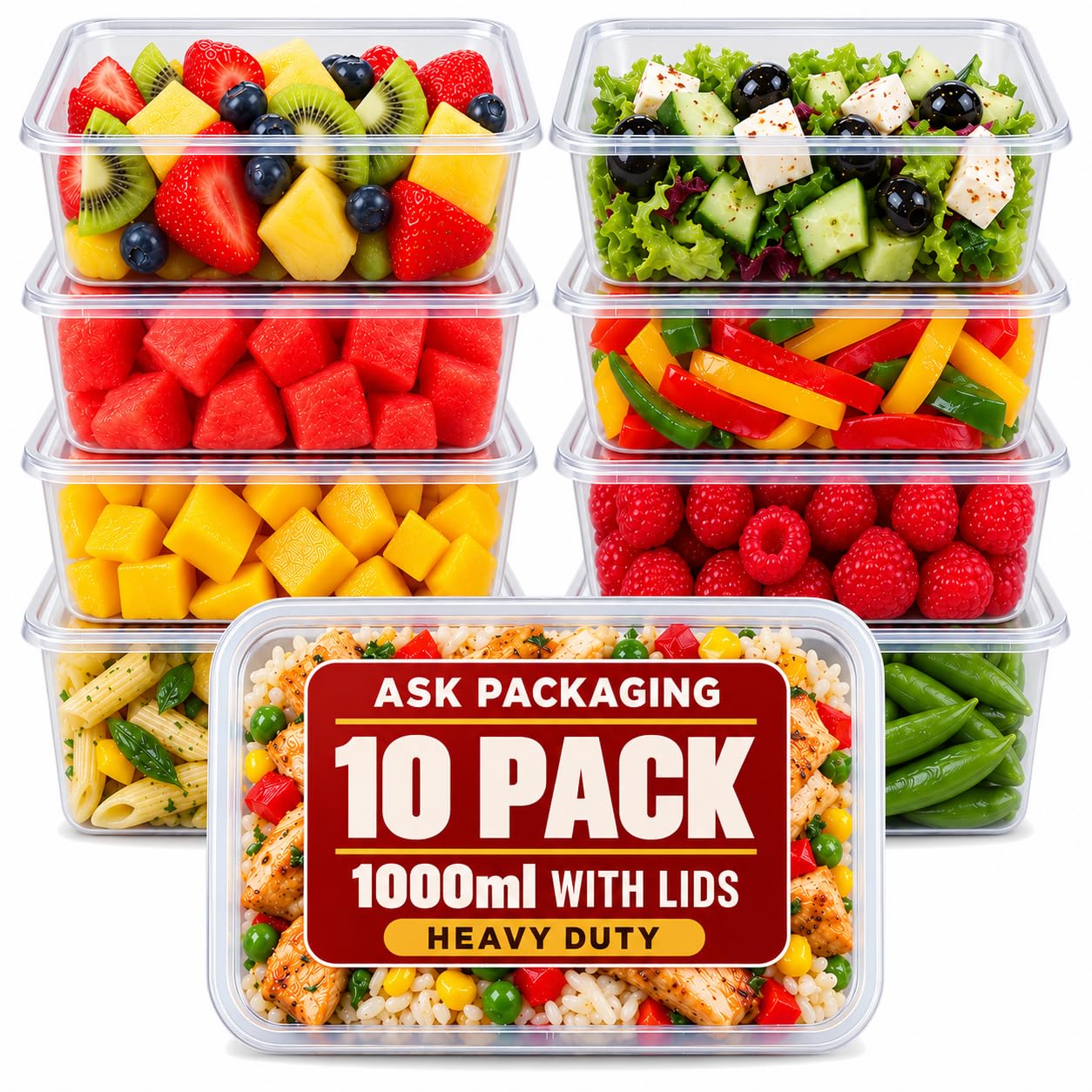 Ask Packaging 10 x 1000ml Plastic Food Containers with Lids – Reusable Heavy Duty Microwave Safe Takeaway Meal Prep containers – Freezer Safe Catering Grade Food Storage Boxes for Home & Everyday Use — image 1