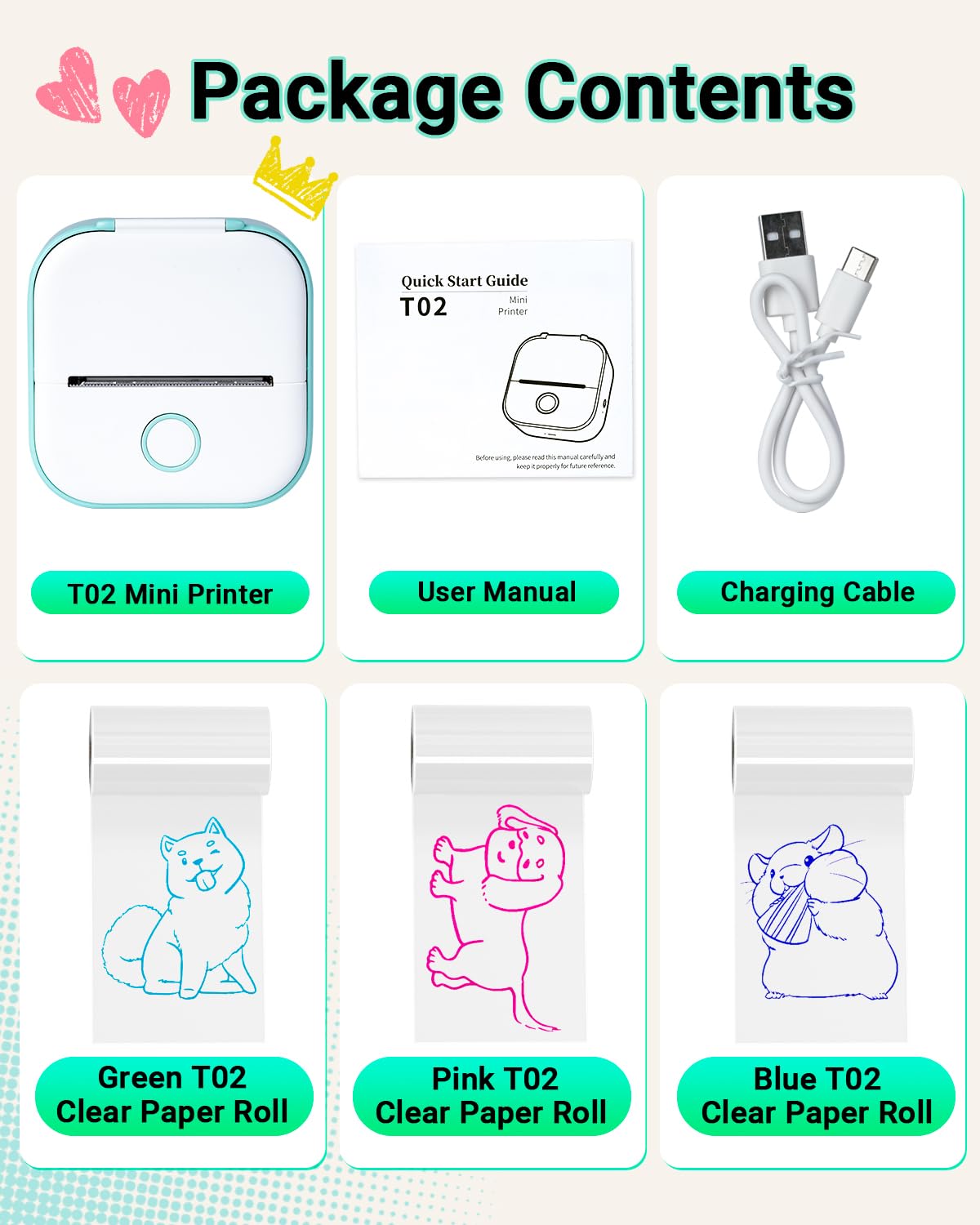 Memoking Mini Stampante Termica - T02 Stampante Termica Portatile Bluetooth Print Pods Portable Mini Printer per Grafici di Studio, l'apprendimento, Appunti di Studio, Diagrammi Anatomici, Foto,Regalo