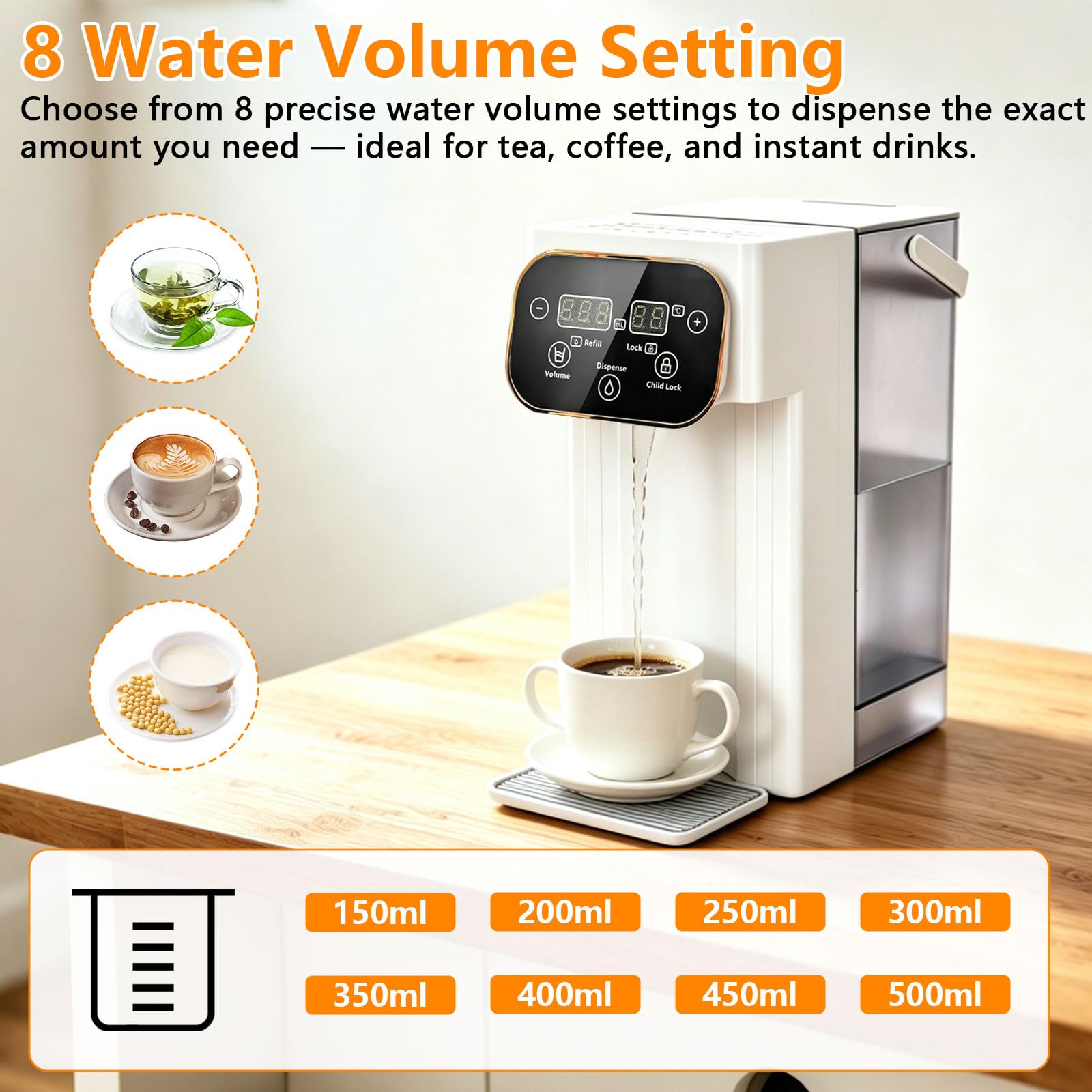 Heißwasserspender, 3L Wasserspender mit 12 einstellbaren Temperaturen & 8 Wassermengen, 3-Sekunden-Schnellheizung, LED Touchscreen, Hitzeschutz-Kindersicherung, für Küche, Büro