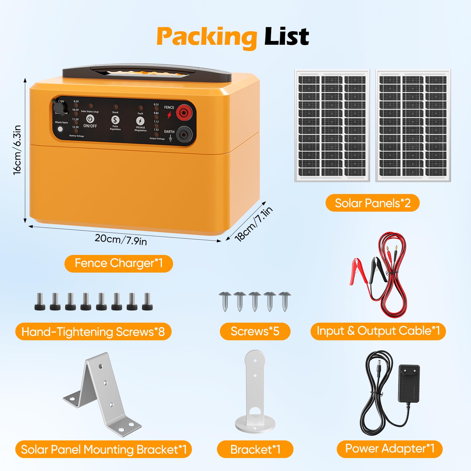 Caricatore solare per recinzione elettrica da 30 km, kit recinzione elettrica regolabile da 0,3 a 1,5 joule con pannello solare da 15 W/batteria da 7 Ah, portatile con uscita fino a 12 kV