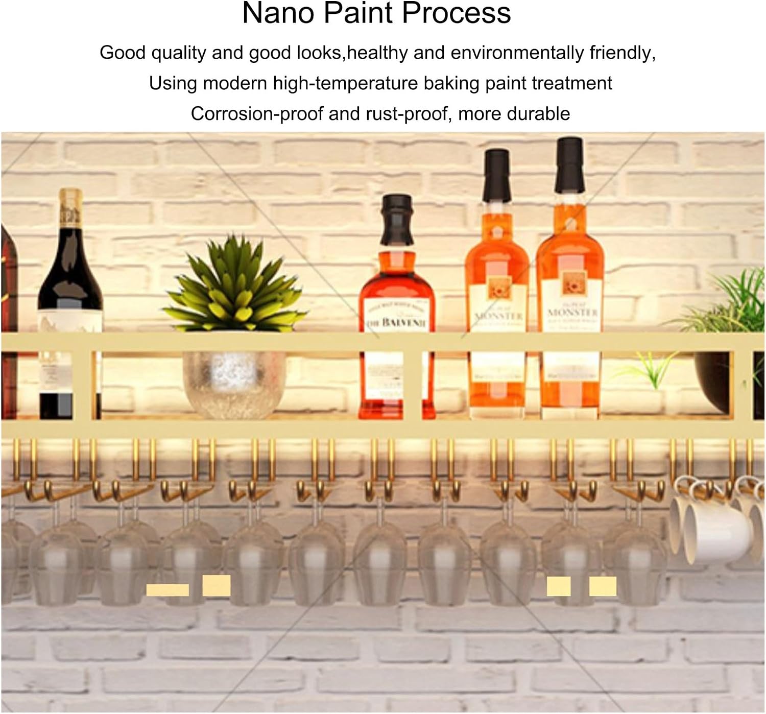 Wall Wine Rack with LED Light Bar Shelves Liquor Bottle Display Shelf Wall Mounted for Liquor Bottles with Hanging Wine Glass Rack Holder Floating Bar Kitchen Wall Shelf Liquor Cabinet Bar for Home(Go