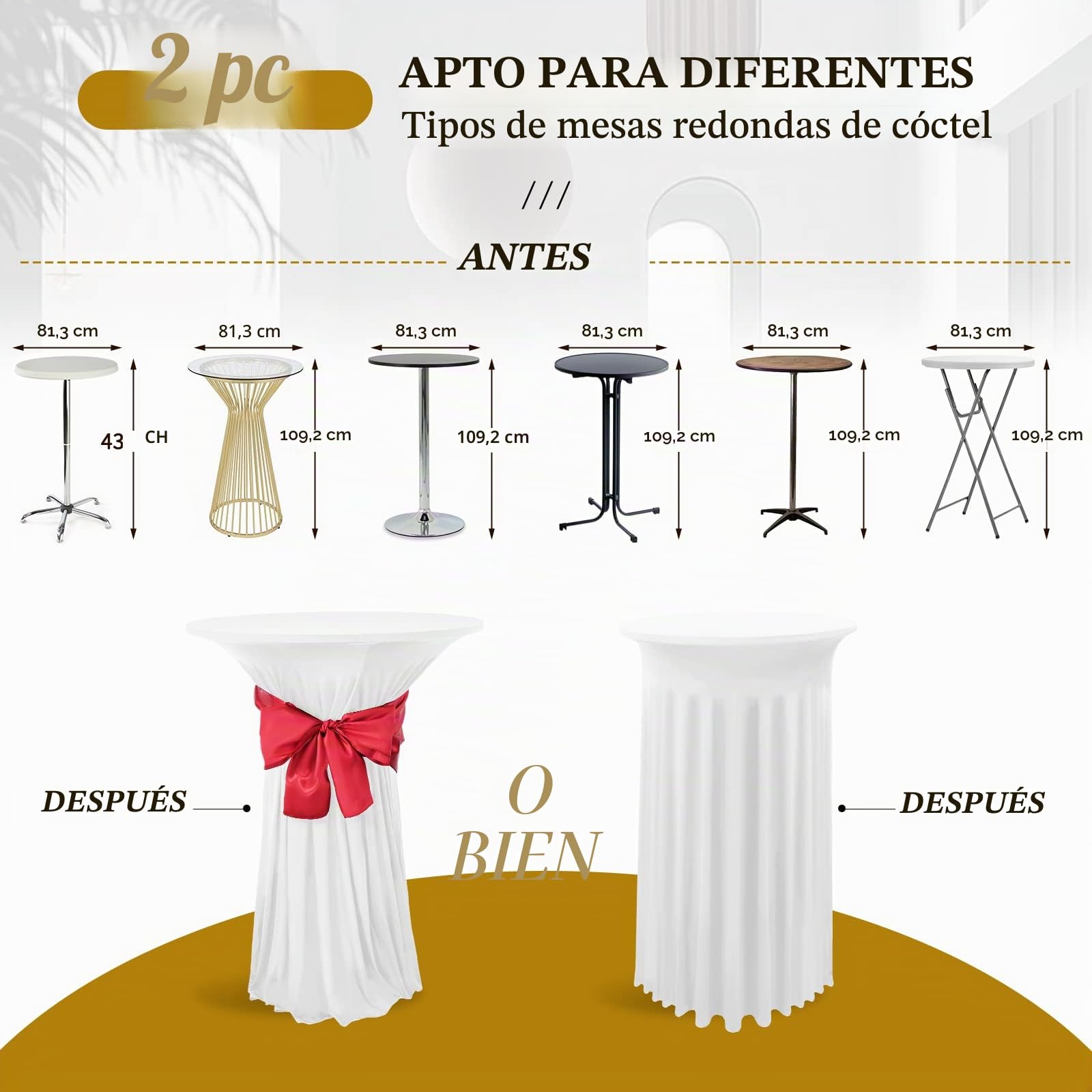 Set de 2 Blanco Fundas elásticas para mesas Redondas de Bar con Falda, Ø 80-85 cm, Manteles de Cóctel para Mesas Altas,Mantel Redondo para Mesa Redonda Bar Boda Mantel de Banquete(80 x 110 cm)
