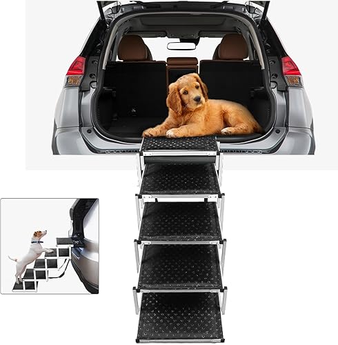 Rampa de coche de 5 pasos para perros grandes soporta hasta 250 libras portátil, plegable, superficie antideslizante, aluminio ligero. Perfecto para
