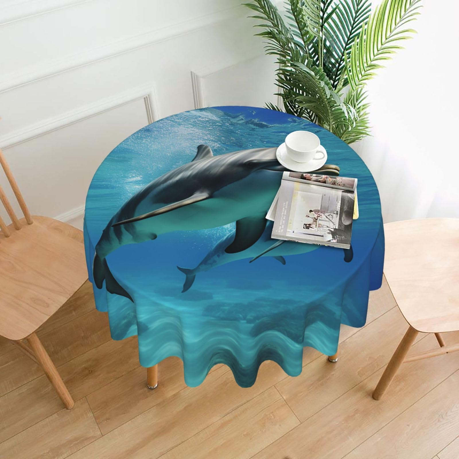 Fodpand Black Marine Dolphin Tablecloths For Round Tables 60 Inches - Reusable And Washable Kitchen Table Clothes Decorative Table Cover For Dining Tables, Buffet Parties, Wrinkle Resistant