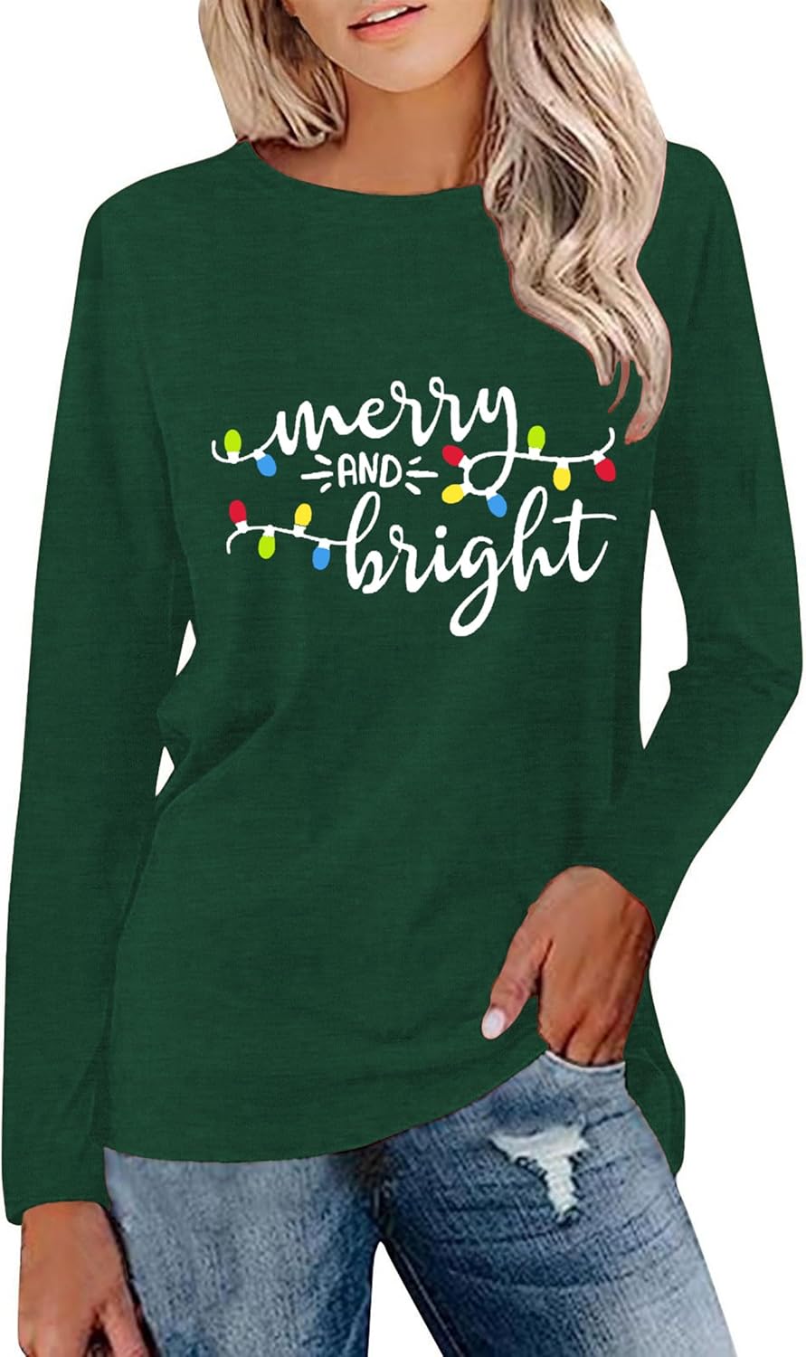 Christmas Shirts for Women:Merry and Bright T Shirt Long Sleeve Xmas Gift Shirts Christmas Vacation Tees - Image 2