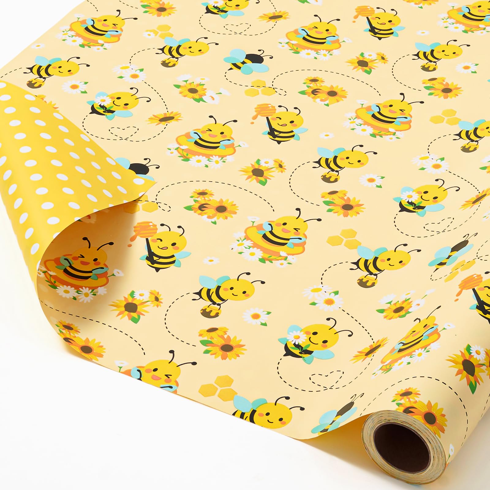 WERNNSAI Bee Daisy Wrapping Paper - 1 Roll Honey Bee Wrapping Paper for Kids Yellow Spring Birthday Garden Party Supplies Bee Gift Wrapping for Baby Shower Floral Party Decoration 43cm x 10m — image 1