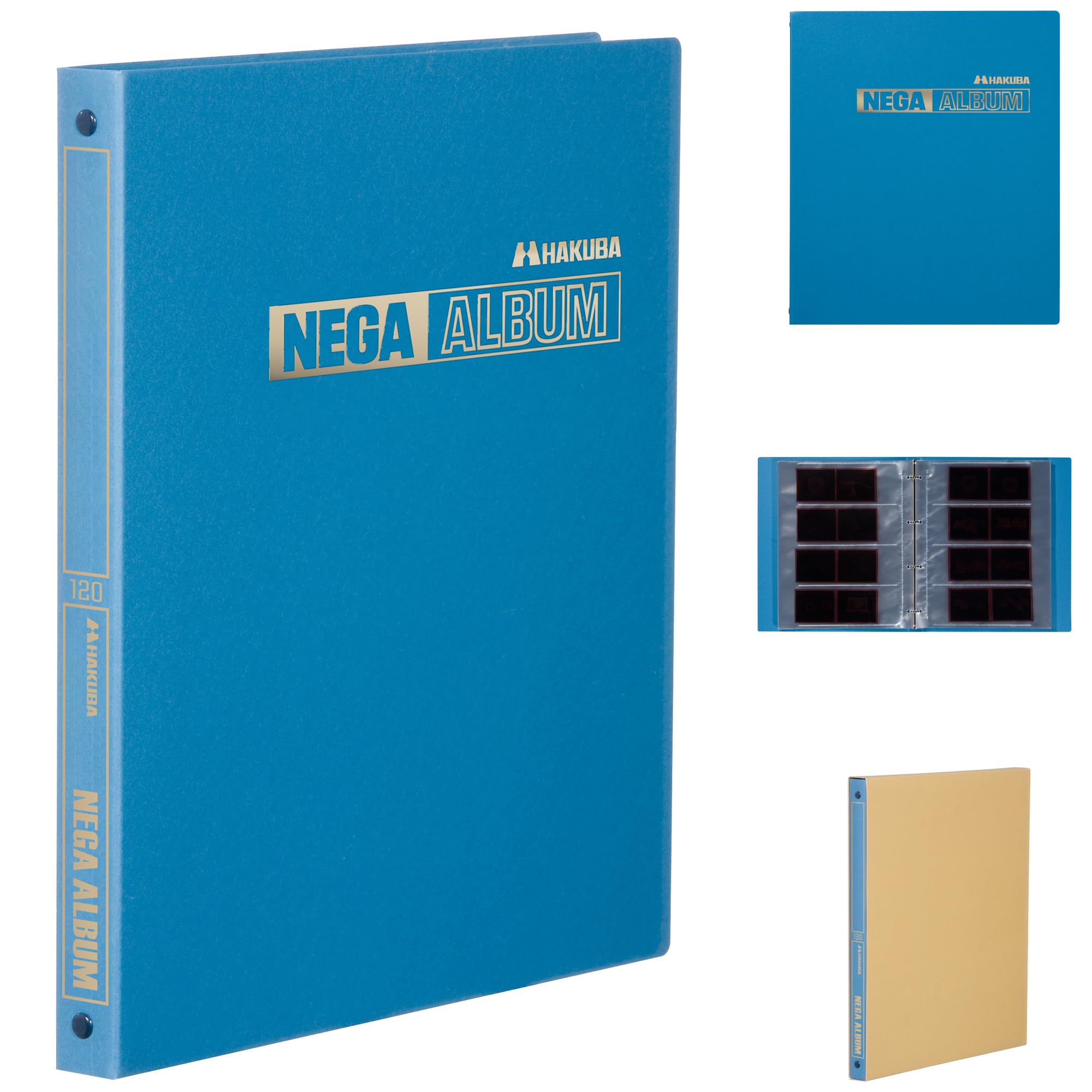 ハクバ (HAKUBA) フィルム用アルバム ネガアルバム 120(ブローニー)サイズ用(30シート入) ブルー バインダー式で台紙の差し替えが可能なフィルム用ネガアルバム サックケース付 4穴バインダー対応 ANG-120BL 4977187523799