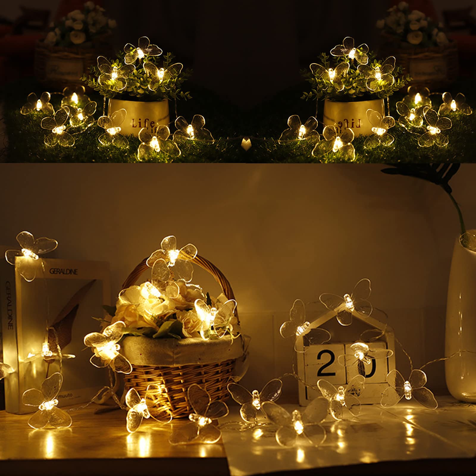 KINGCOO Luci A Forma Di Farfalla Con 40 LED, 6 Metri, Batteria, 2 Modalità, Per Decorazioni Interne/Estere, Viola/Giallo