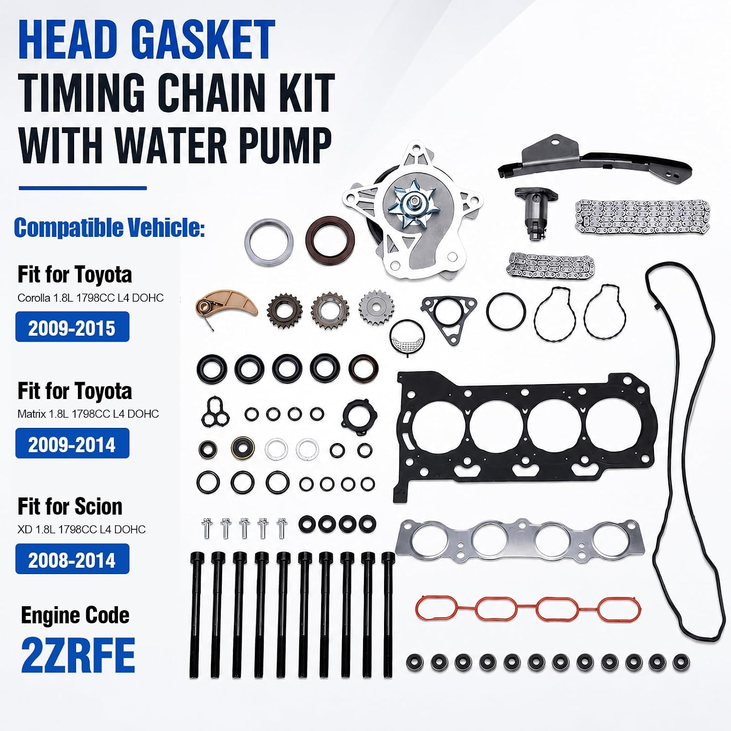 HS26515PT Cylinder Head Gasket Timing Chain Kit w/Bolts & Water Pump for 2009-2015 Toyota Corolla 1.8L, 2009-2014 Matrix 1.8L, 2008-2014 Scion Xd 1.8L, Replace# 13506-0T020, 13540-0T020