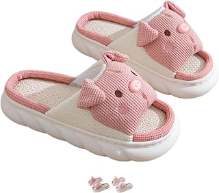 Pig Slippers Cute Cartoon Slippers for Women Slides Sandals Linen Four Seasons Slippers Open Toe Home Indoor Slippers
