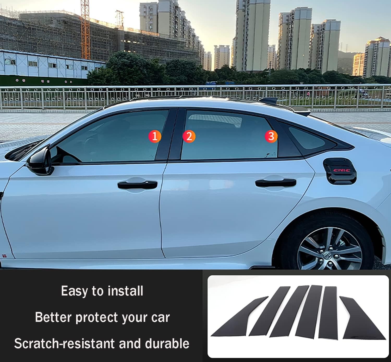 Car Accessories Fit for Honda Civic 11th Gen Saden 2022 2023 2024 2025 Pillar Post Side Door Window Cover Trim （ Black ABS 6 PCS