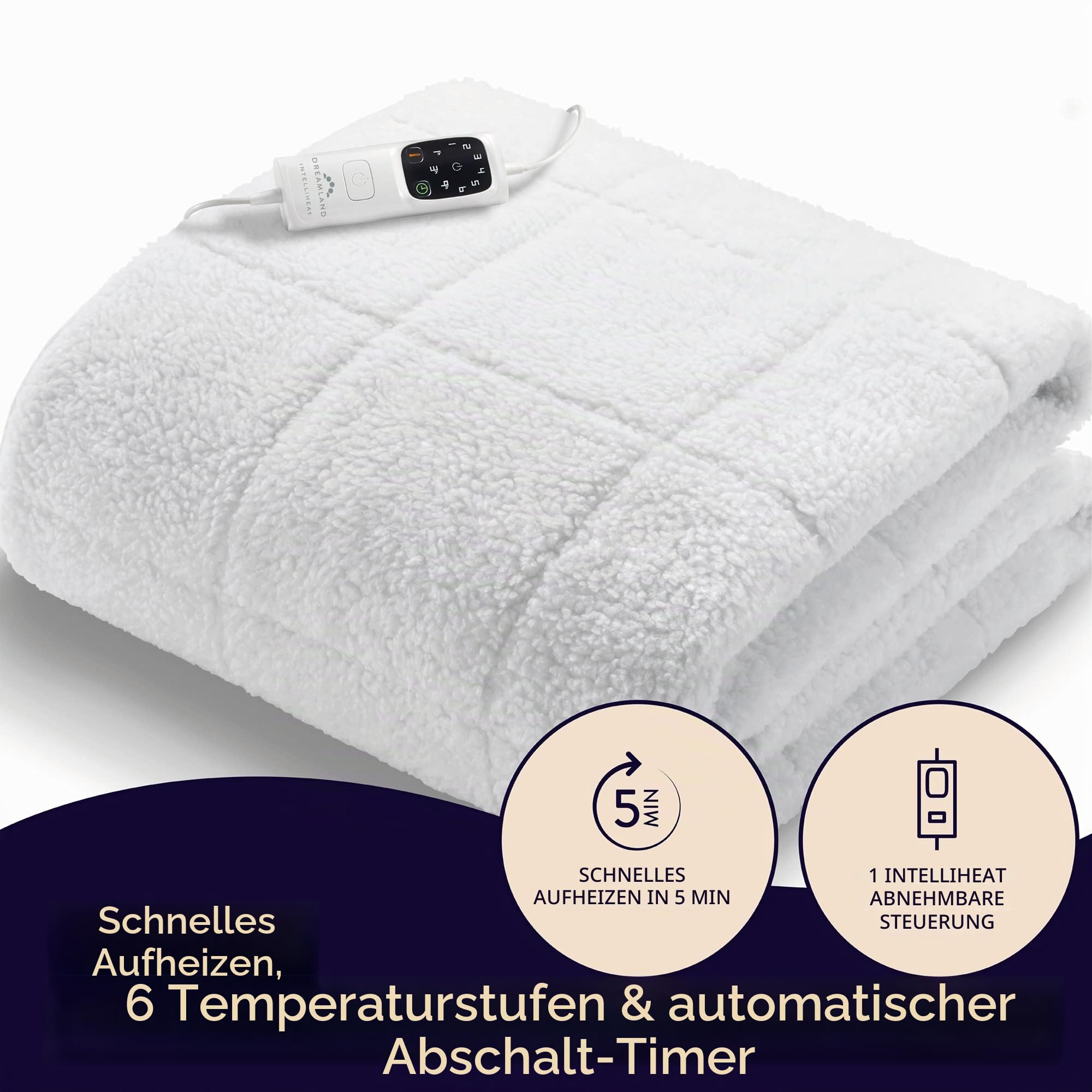 Dreamland Hunker Down Scandi Sherpa elektrische Unterdecke für Doppelbetten (Intelliheat Plus Fast Heat, maschinenwaschbar, 190 x 137 cm, 1 abnehmbare Steuerung, 6 Temperaturen und automatischer