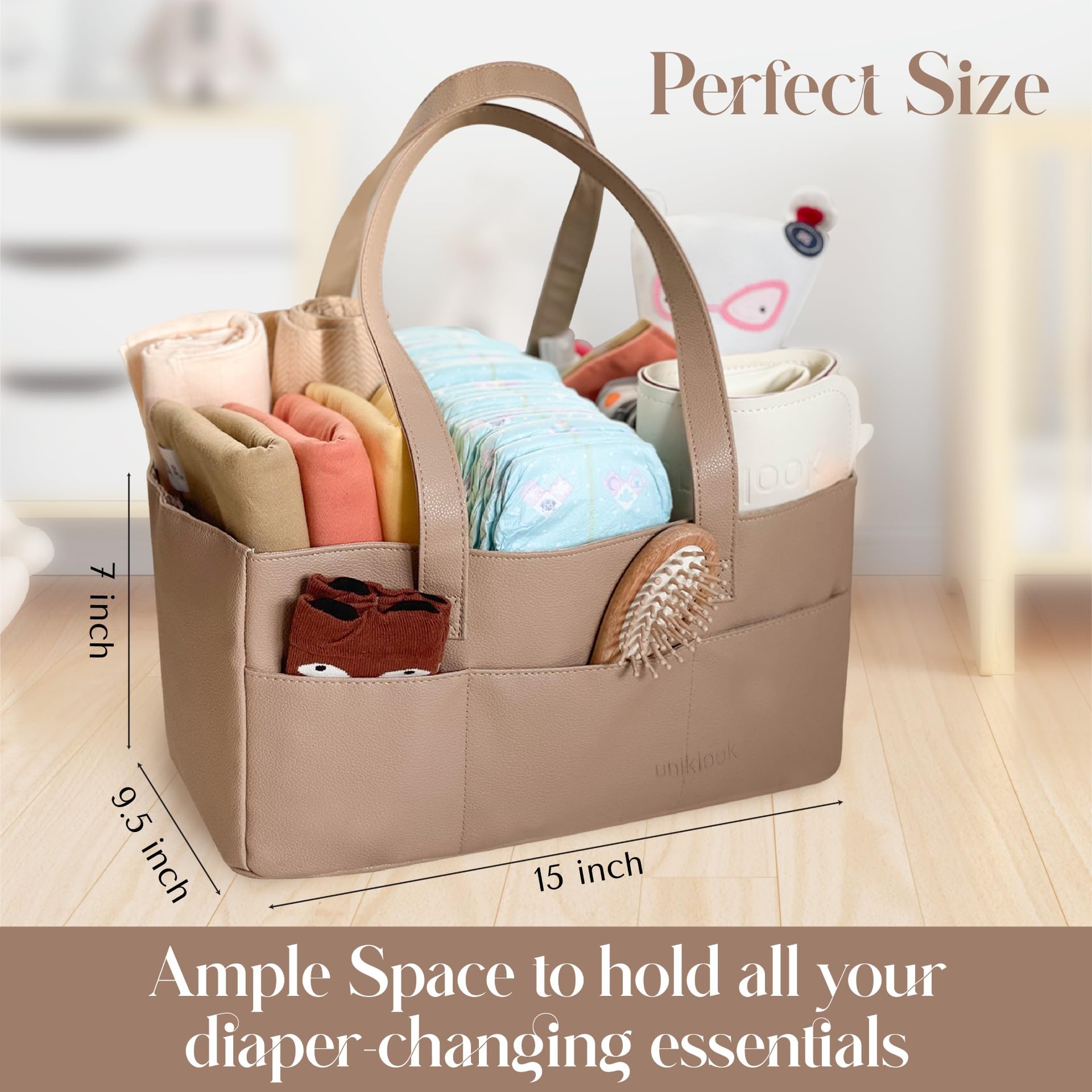 Uniklook Cesta organizadora de pañales para bebé, cesta de almacenamiento, contenedor para pañales y toallitas, de cuero vegano, carrito acolchado de lujo para bebés niñas y niños, cesta de guardería
