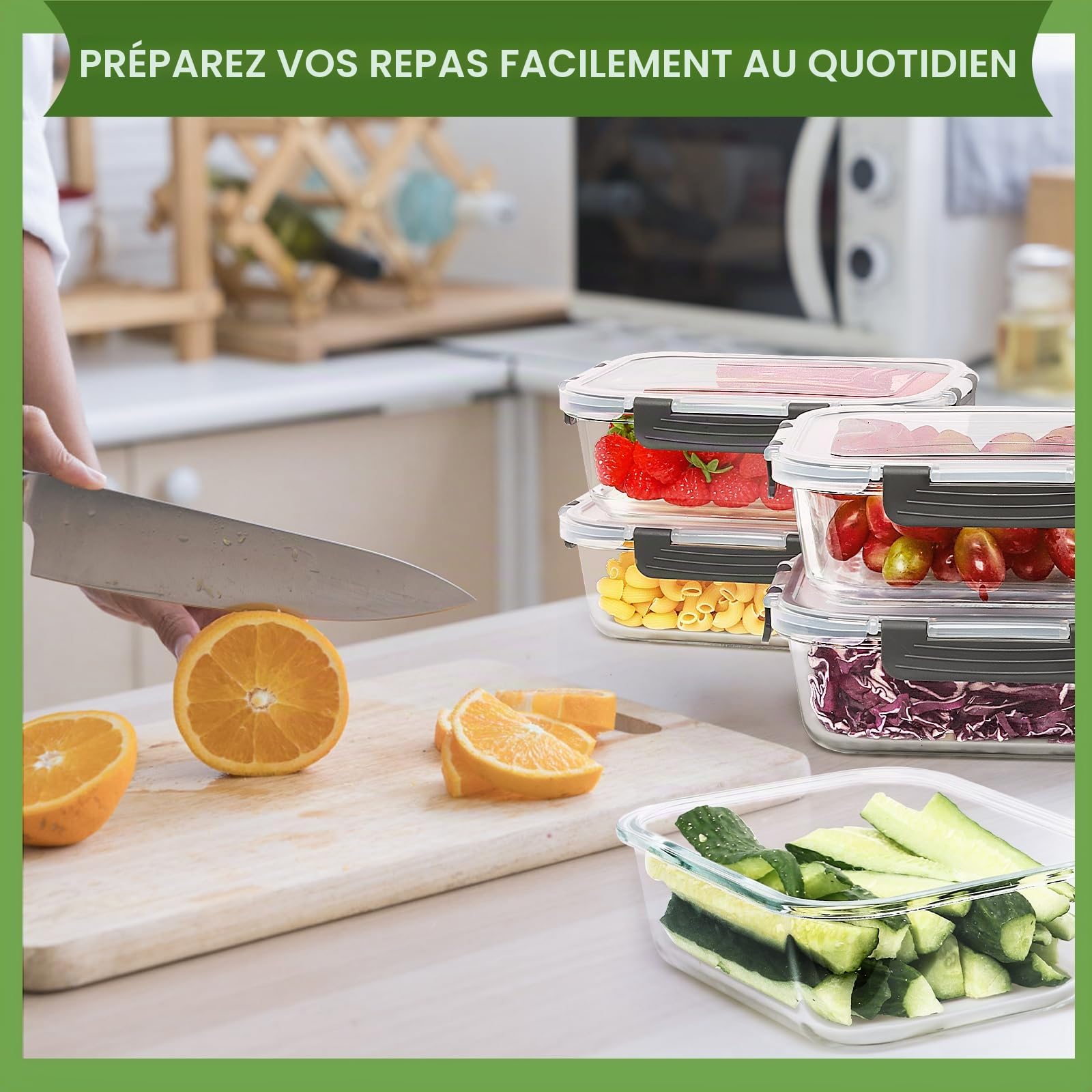 Skroam Lot de 5 boîtes de conservation alimentaire en verre de 1 020,6 g avec couvercles hermétiques, récipients en verre pour préparation des repas, organiseurs de garde-manger et rangement, boîtes à