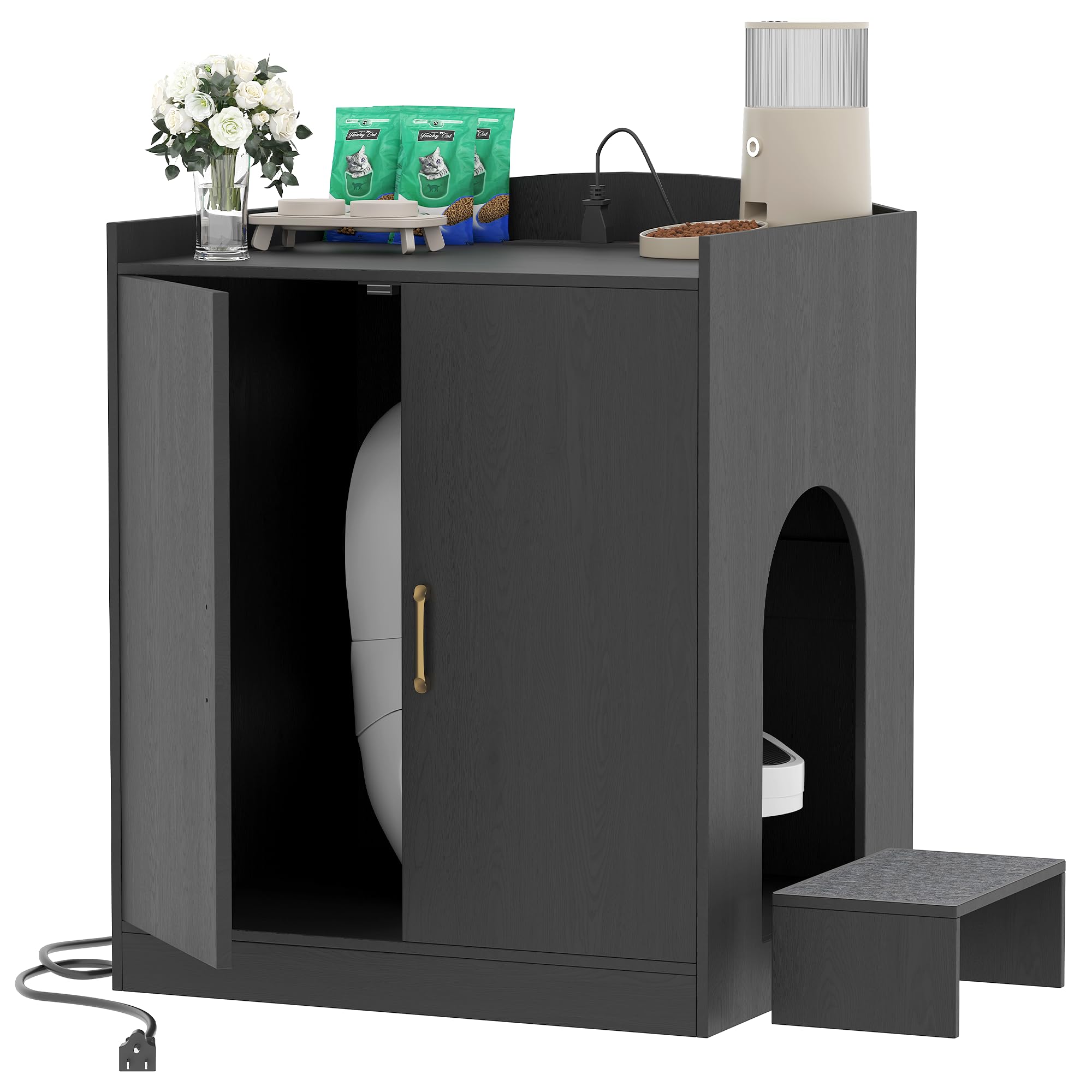 Heybly Litter box Enclosure,large Cabinet with Charging Station,Wooden Cat Litter Box Enclosure Furniture for Self-Cleaning Robot 3 & 4,Hidden for Smart Litter Box Size for senior cats,Black HCLB005BK