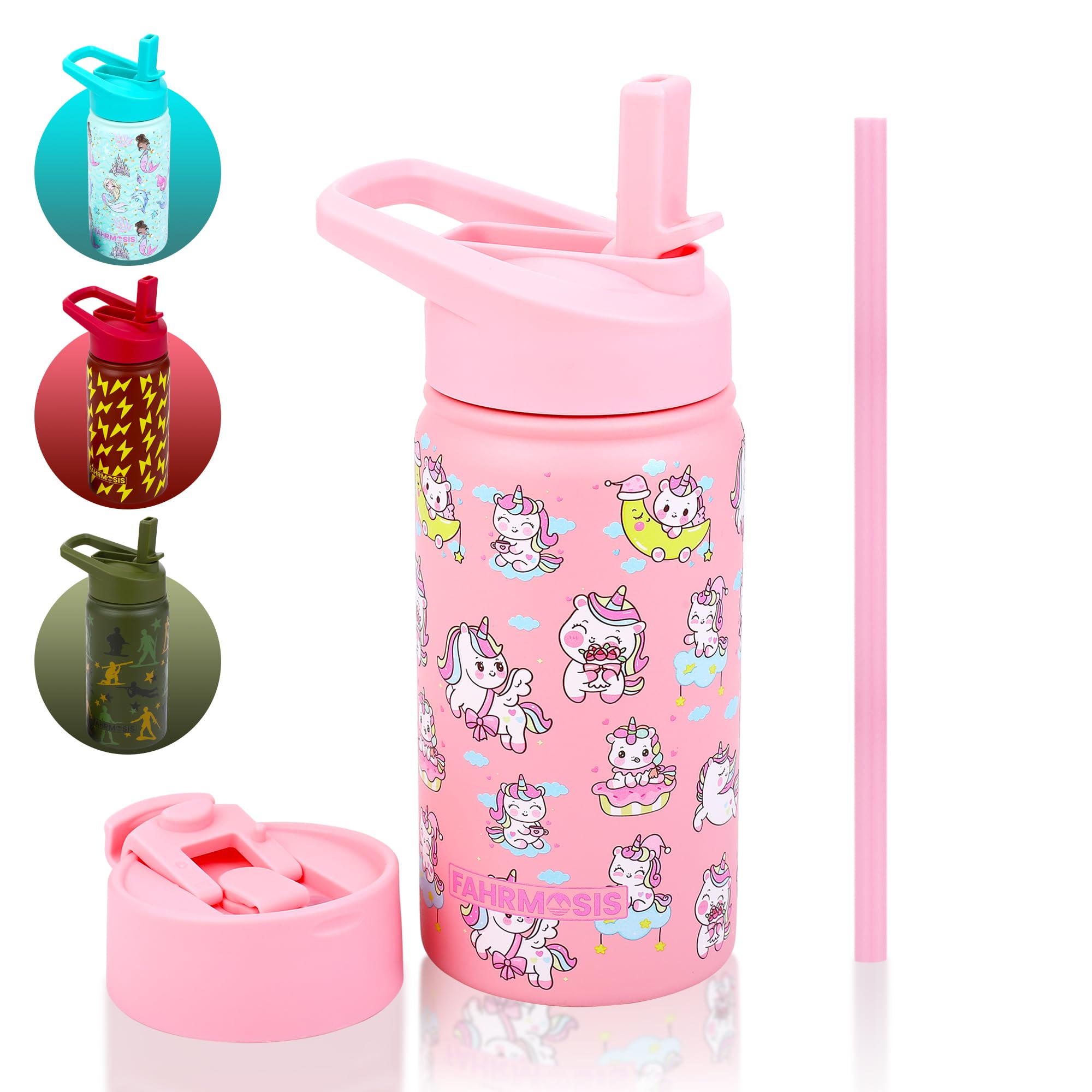 14 OZ Kids Water Bottle with Straw & 2 Lids (Flip & Spout) Leak Proof Metal Insulated Stainless Steel Reusable Tumbler for School & Sports Water Bottle - Pink (Unicorn)