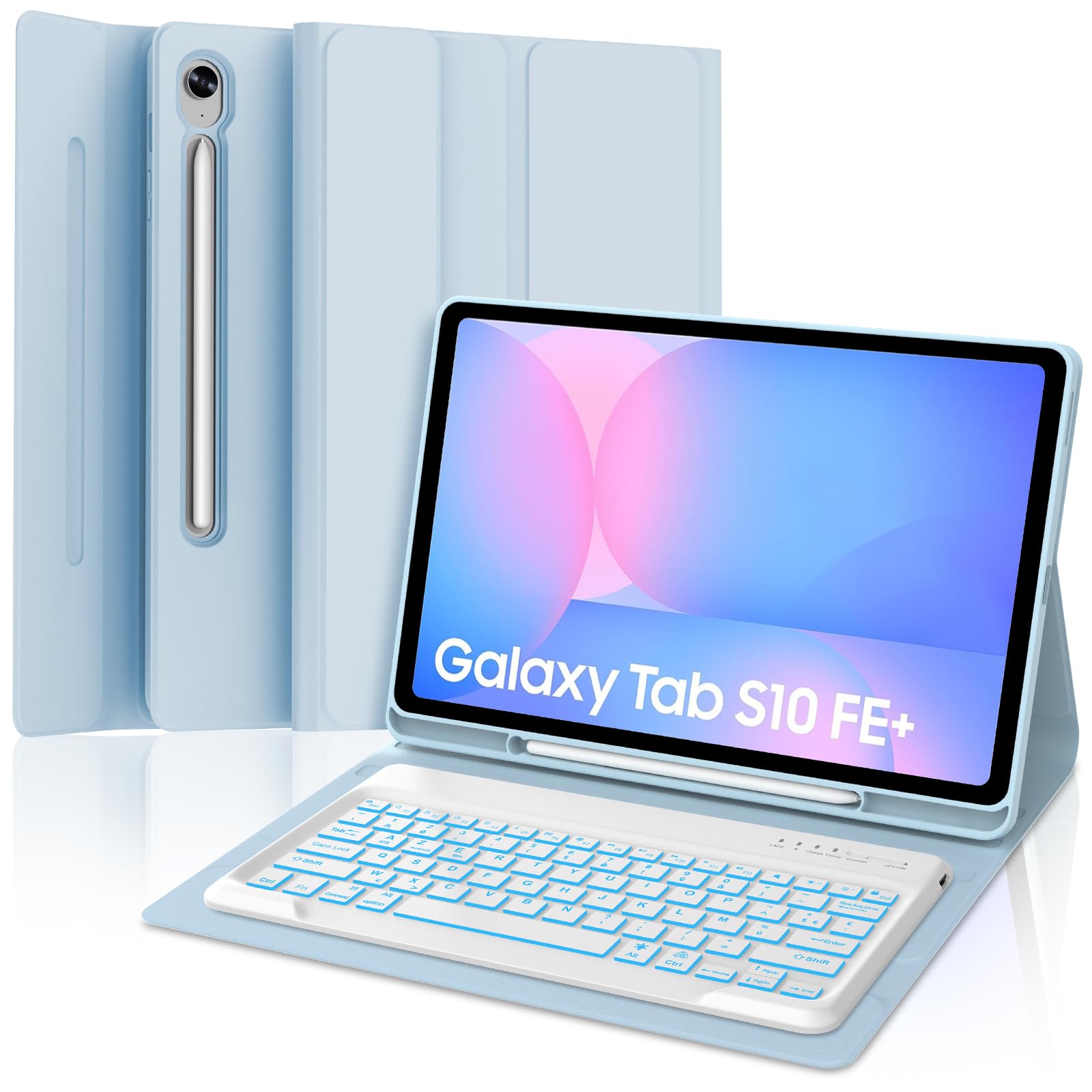 Coque Clavier pour Samsung Galaxy Tab S10 FE+ 13.1" 2025 - AZERTY Français Rétroéclairé Clavier Détachable sans Fil Bluetooth, Étui avec S-Pen fente pour stylo pour Tab S10 FE Plus, Bleu clair