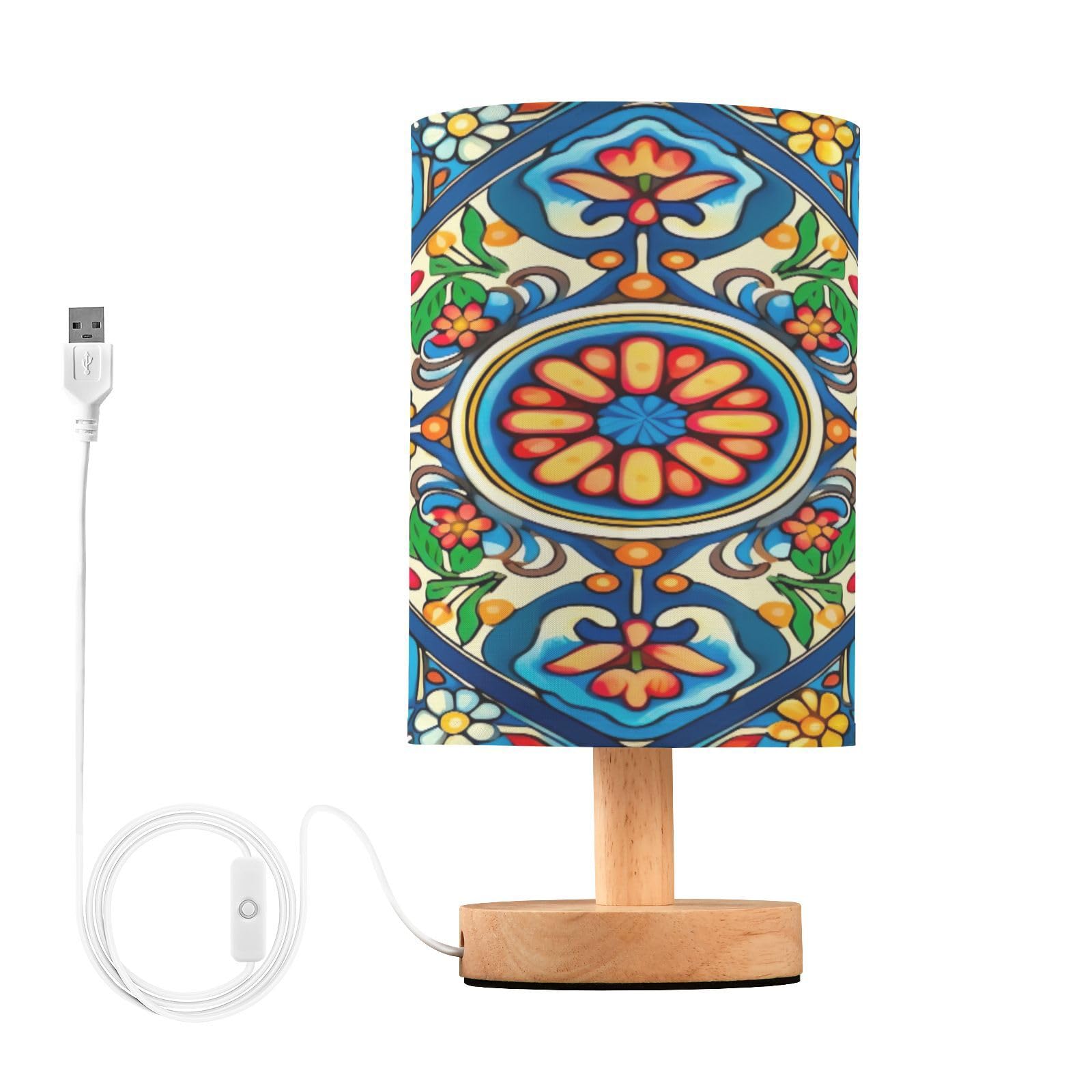 SDMKA Colorful Mexican Style Bedside Table Lamp for Bedroom, Minimalist Nightstand Lamp with Round Fabric Shade for Living Room, Office, No Bulb Required