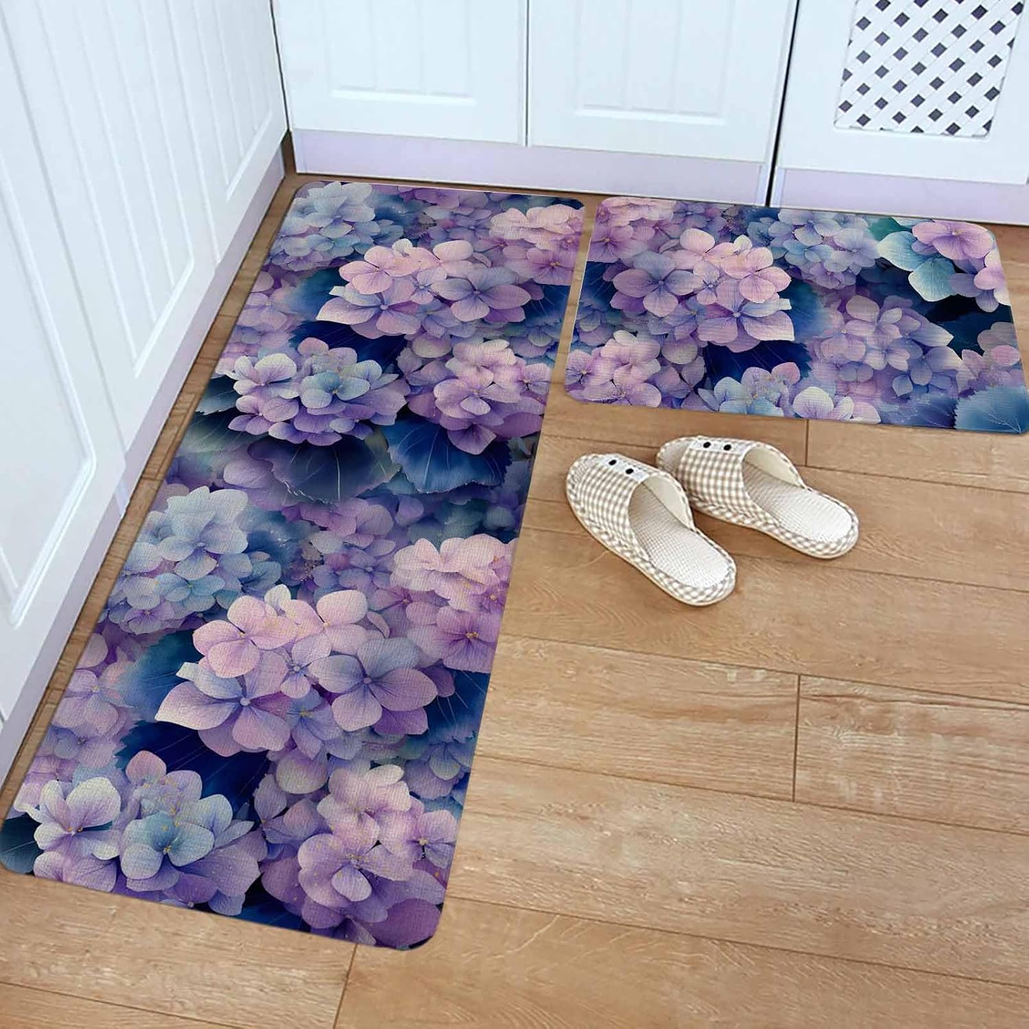 Vintage Hydrangea Kitchen Rugs and Mats Set of 2, Non-Slip Kitchen Sink Mat, Spring Purple Flowers Garden Plants Washable Doormat Bathroom Rugs Runner for Bedroom/Living Room 19.7"x31.5"+19.7"x63"