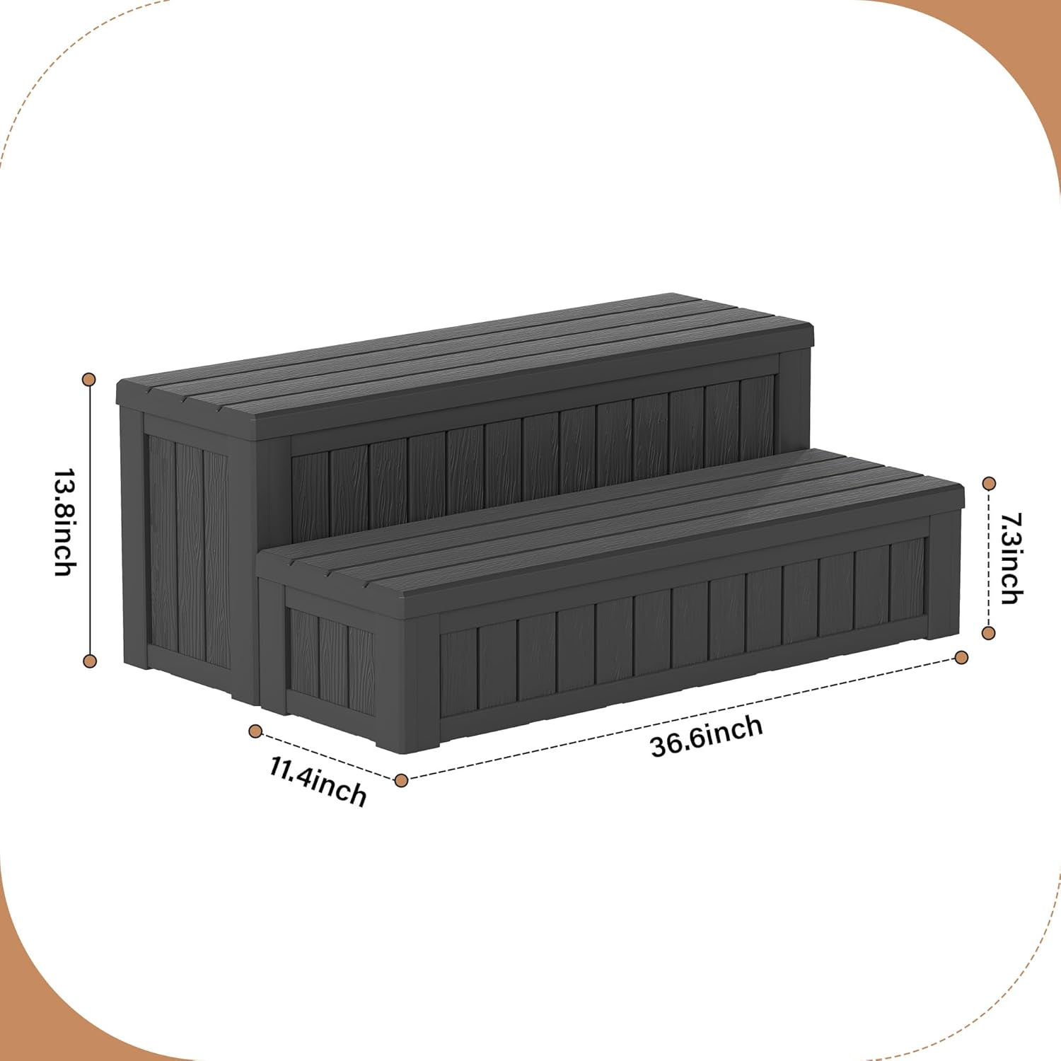 Plastic Hot Tub Steps with Storage, Spa Steps Outdoor Stairs, 36.6 Inches Long - Non-Slip All Weather Top & Feet, 32 Gallon Capacity, Waterproof for Porch/RV/Deck, Sturdy Plastic Frame, Black