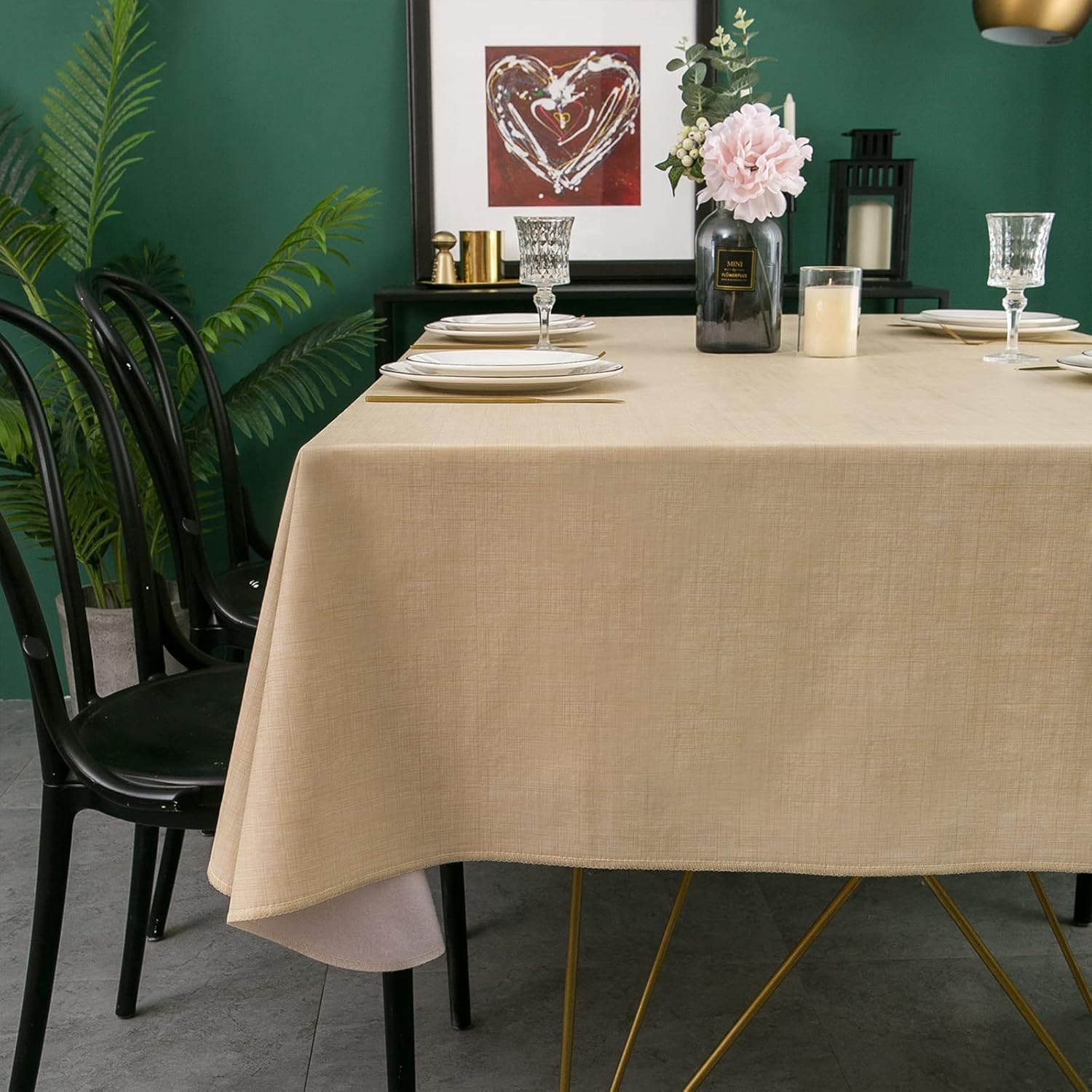 LIBERECOO Vinyl Tablecloth with Flannel Backing, Champagne, Waterproof, Stain-Resistant, Easy-Clean Table Cover for Dining, Kitchen, and Outdoor Use, 60" x 60" Square Champagne 60" x 60" (Square)