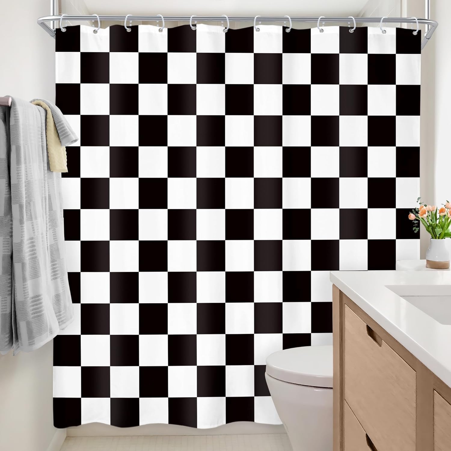 Newsely Checkered Shower Curtain 72Wx78L Inch Black White Shower Curtains for Bathroom Cute Retro Checkerboard Shower Curtain Vintage Aesthetic Bathroom Set Modern Waterproof Accessories Home Decor