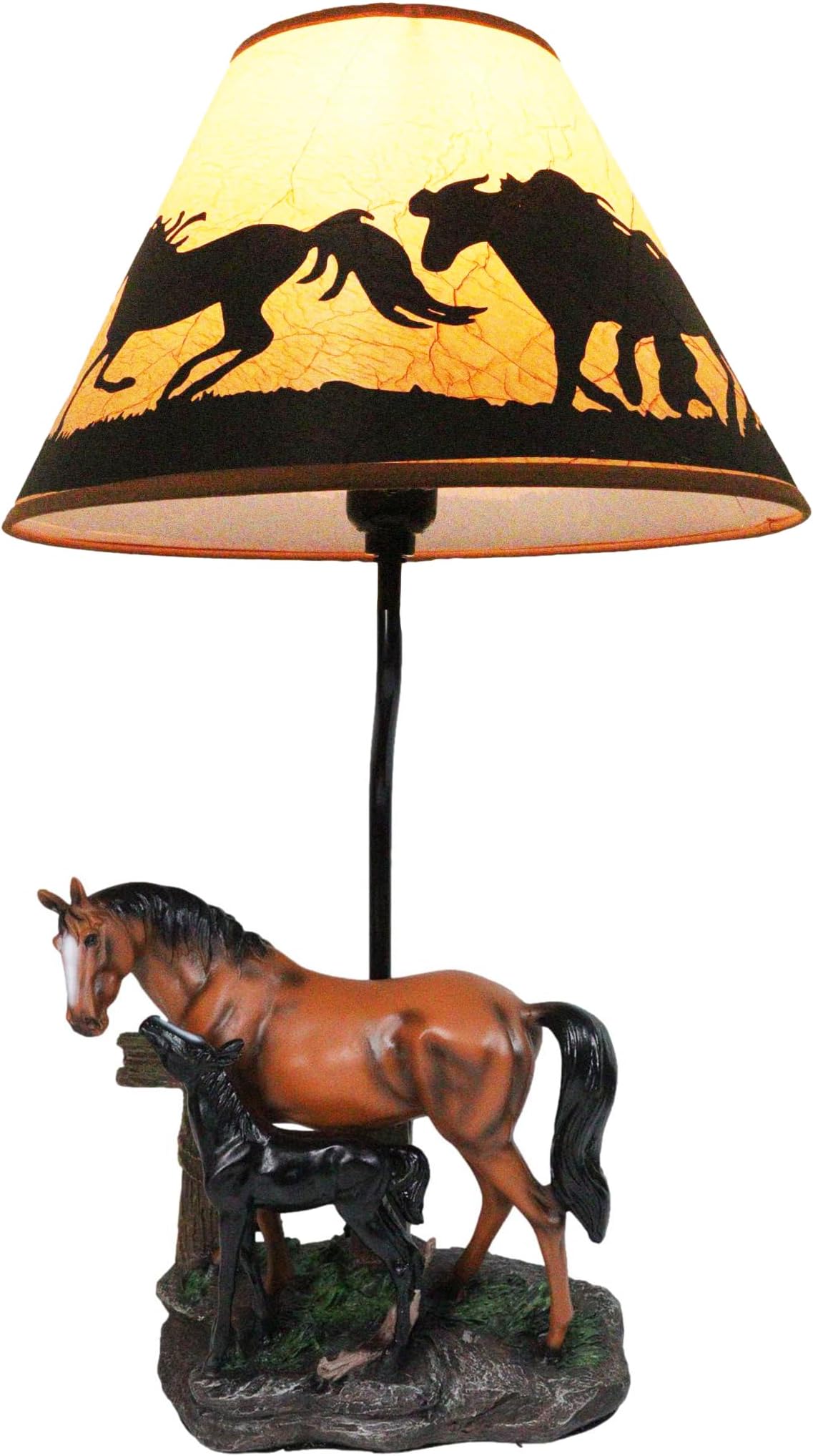 Ebros Gift Chestnut Horse Mare & Foal by Ranch Fence Desktop Table Lamp with Shade Home Decor 19" Tall