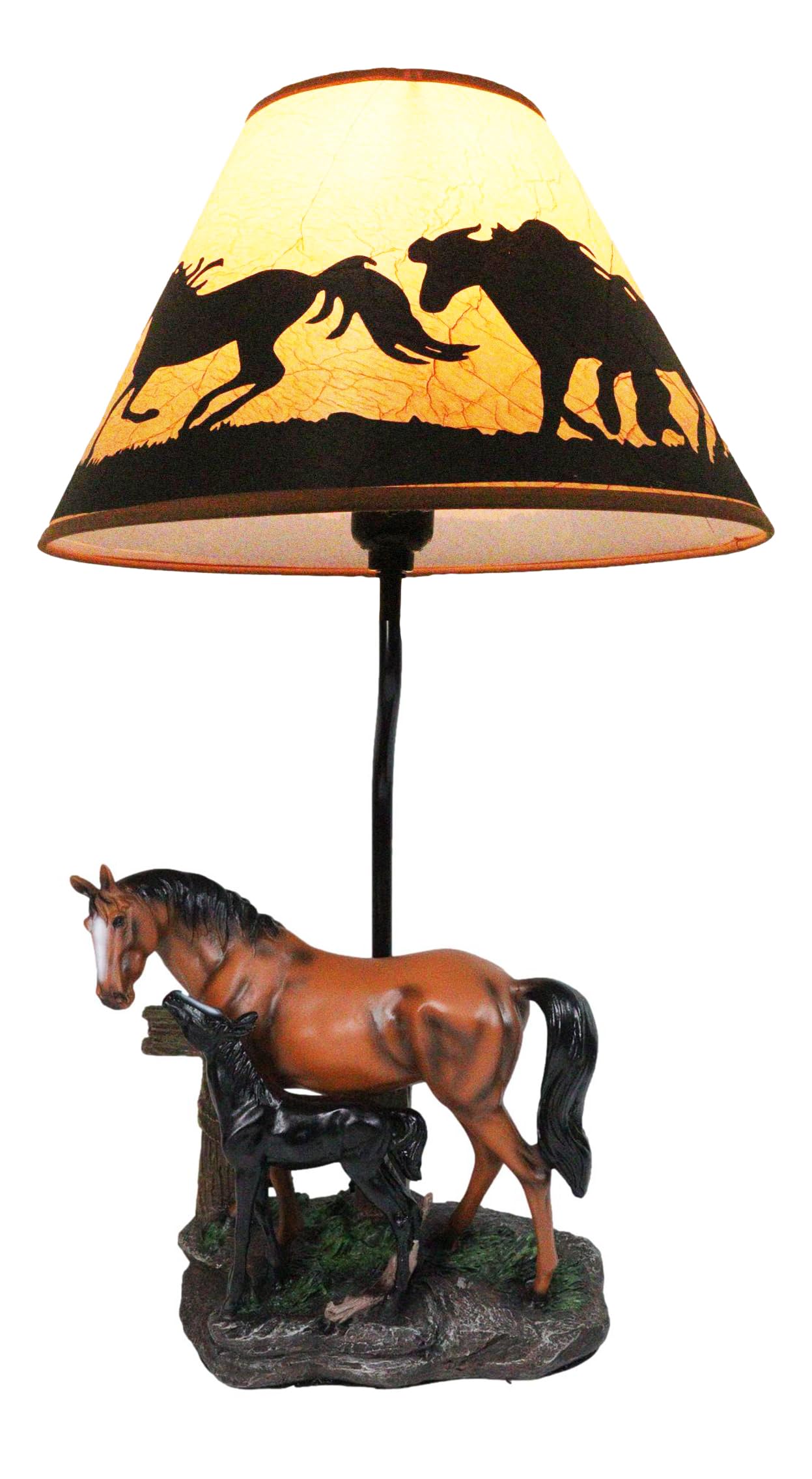 Chestnut Horse Mare & Foal by Ranch Fence Desktop Table Lamp with Shade Home Decor 19" Tall