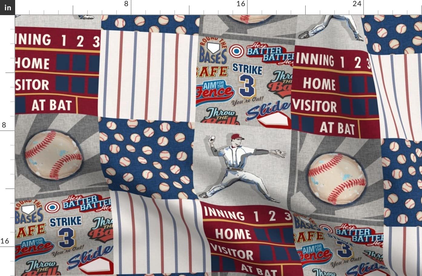 Spoonflower Fabric - Baseball Patchwork Pitcher Red White Blue Quilt Topper Wholecloth Printed on Organic Cotton Sateen Fabric by The Yard - Sewing Quilting Apparel Home Decor