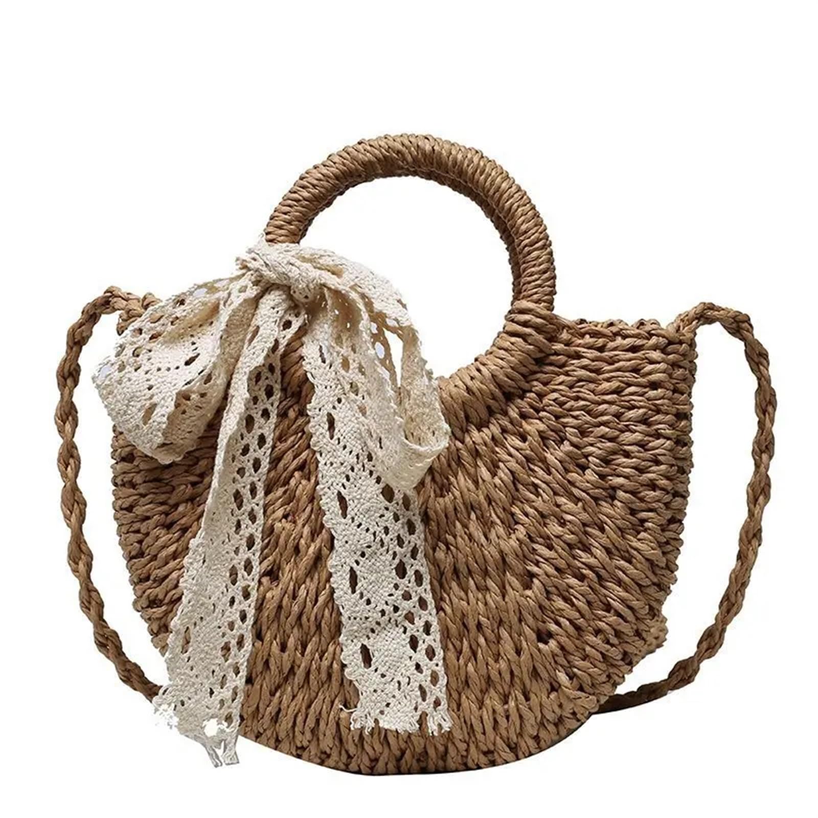 Bolso de Paja Tejido de Mimbre semicircular Hecho a Mano, bandoleras Cruzadas de Verano for Mujer, Bolso de Playa pequeño for niñas Bolsade de Viaje para Mujer(Khaki Ribbon)