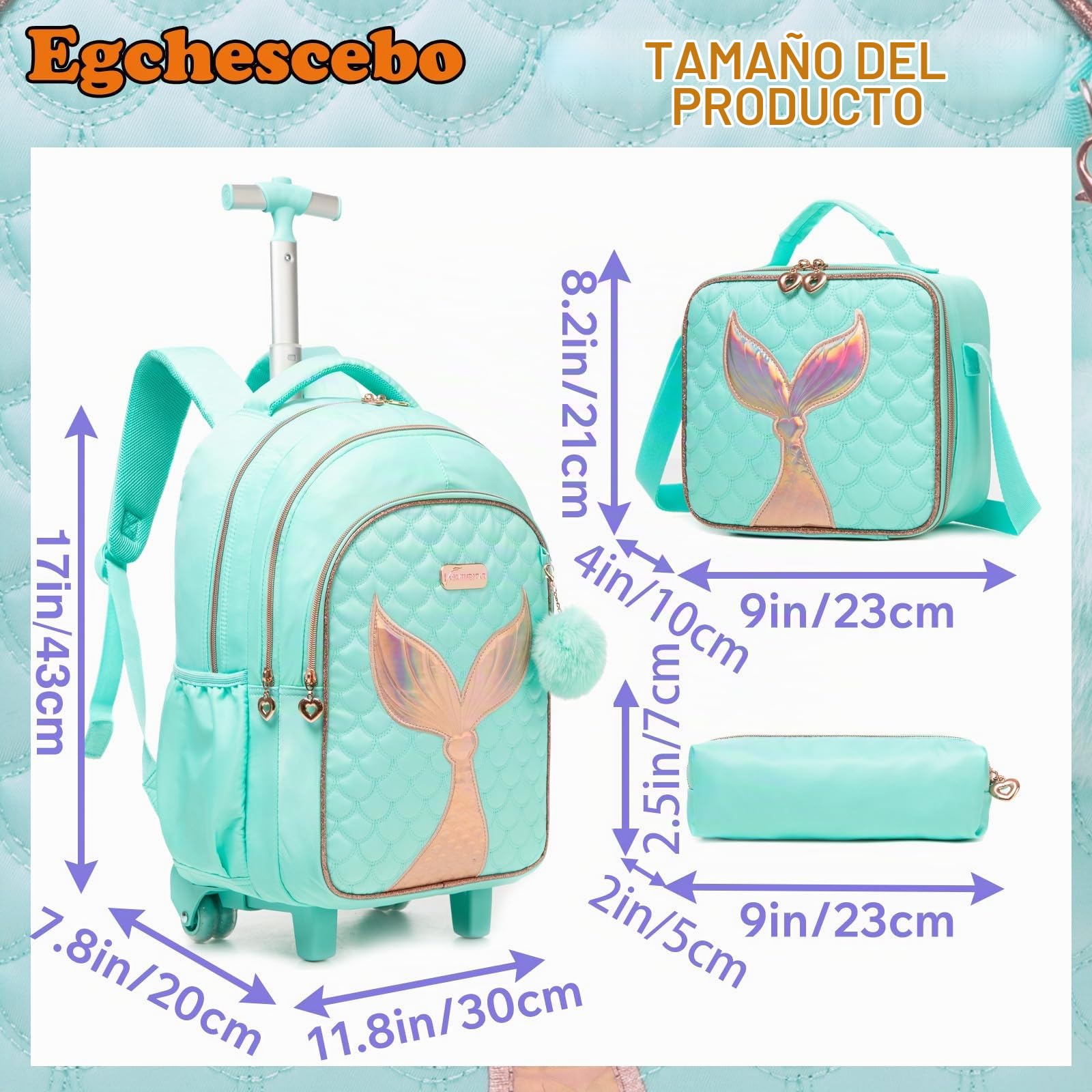 Mochilas Escolares con Sirena Ruedas Carro Niña 17" 3PCS Mochila Carrito para Trolley Escolar Bolso de Viaje Estuche Stitch Mujer Maleta Colegio Grande Medianas Infantil Niñas Azul Cielo