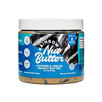Rainbow Nut Butter, Cookies and Cream Peanut Butter, Spread, Treat, Snack, Dessert, White Chocolate Chips, Gluten Free, High Protein Flavored Nut Butter, 16 oz Jar.